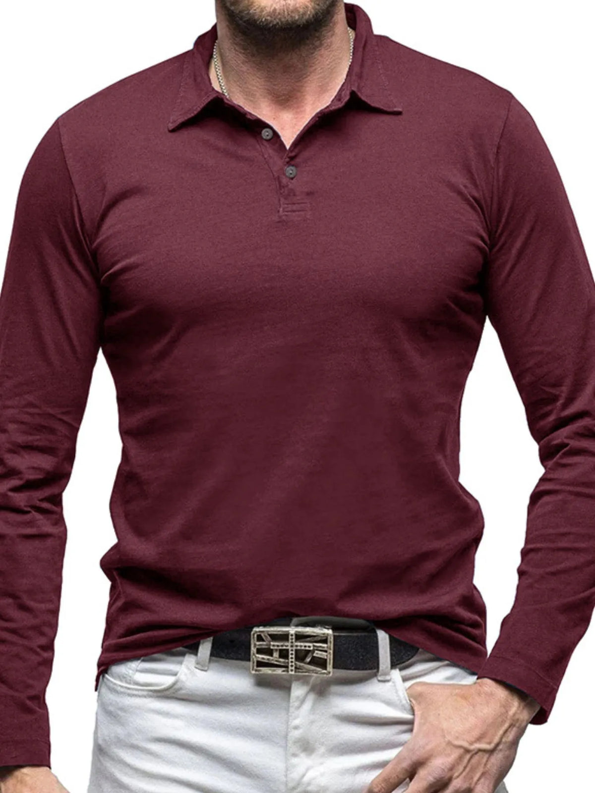 Collared neck long sleeve polo, Burgundy