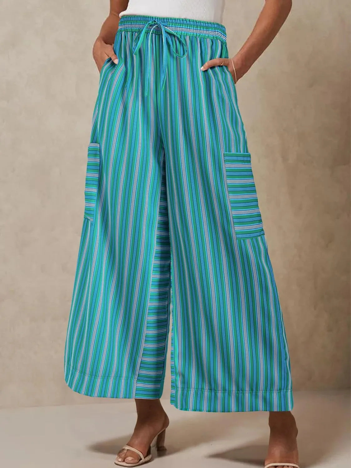 Contrast striped wide leg pants, Teal