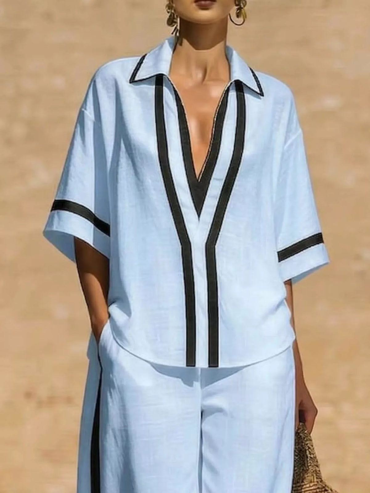 Contrast-trim top and pants set