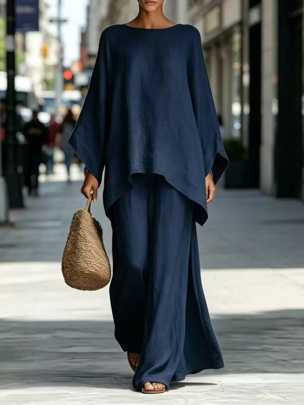 Batwing sleeve top and wide-leg pants set, Navy Blue