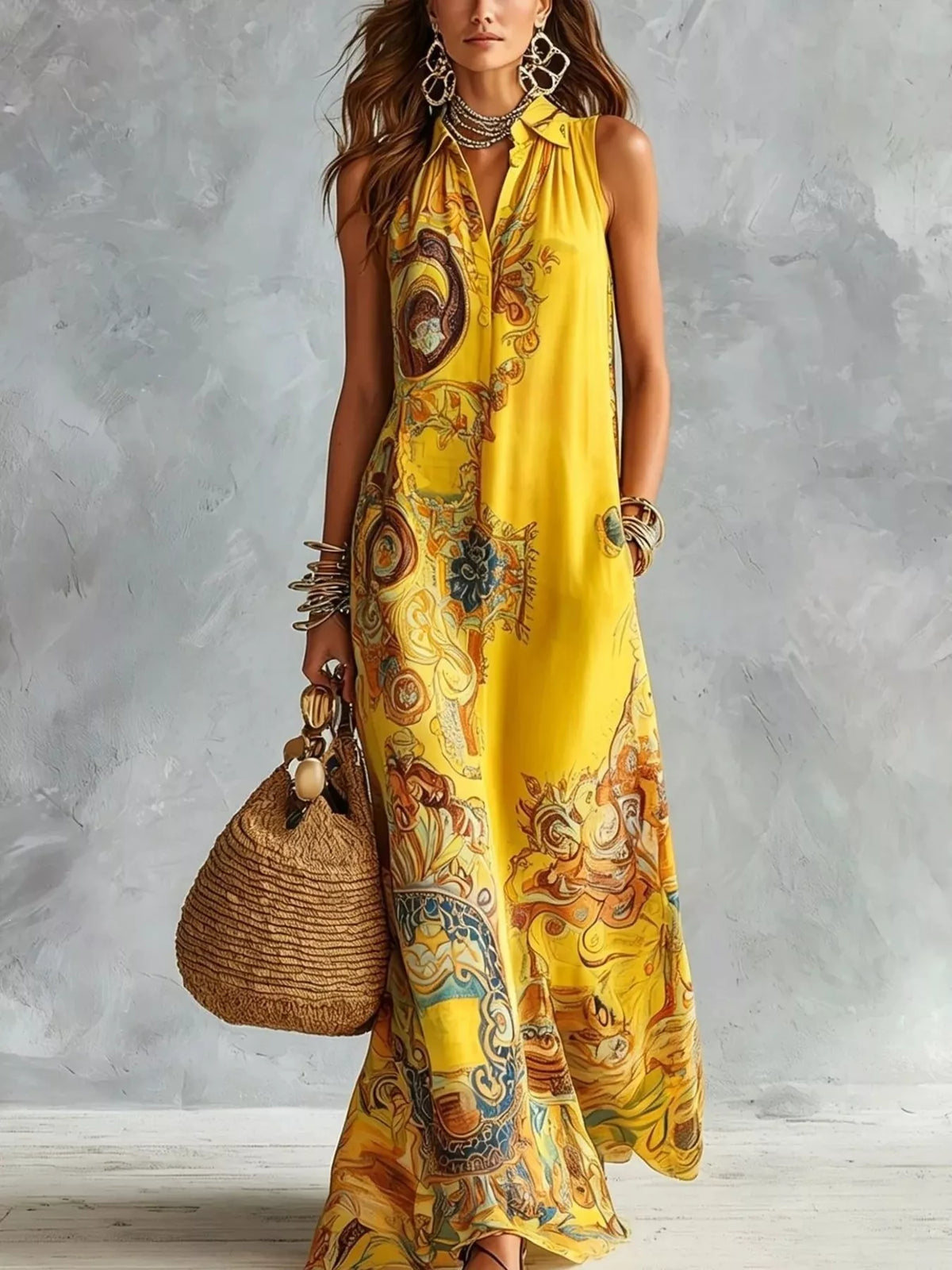 Bohemian sleeveless printed maxi shirt dress, Yellow