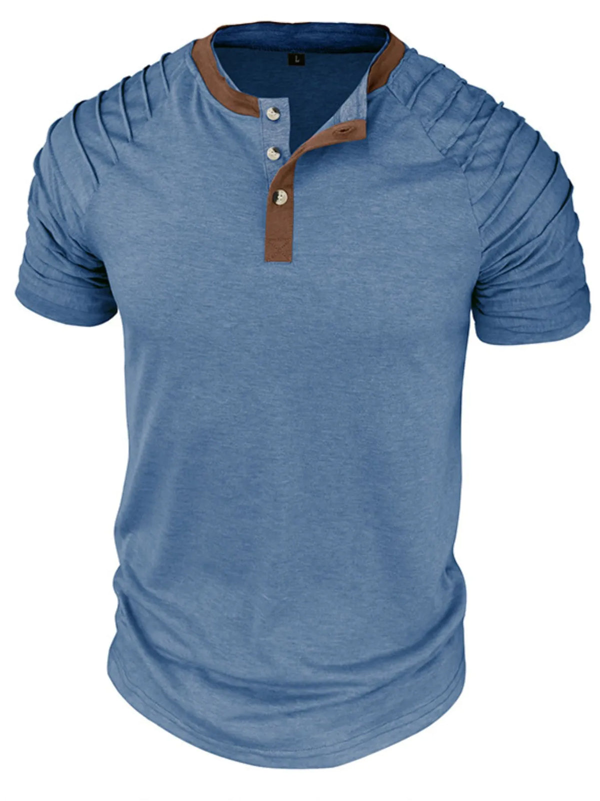 Casual henley short sleeve top with contrast collar, Dusty Blue