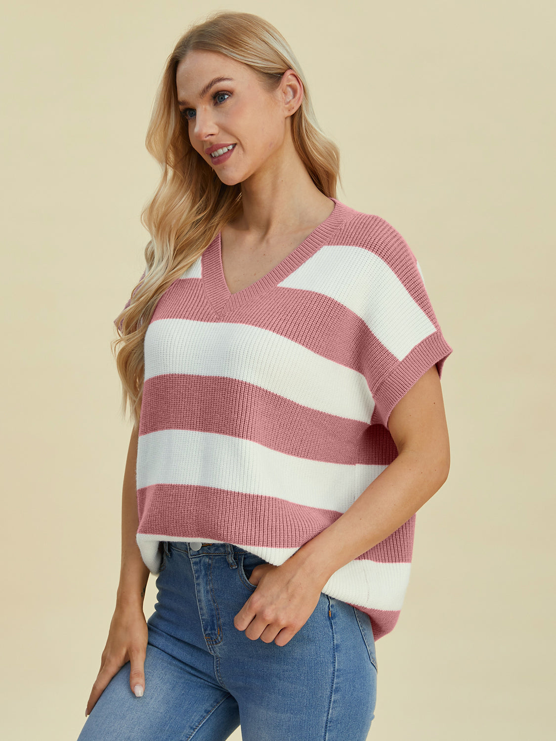 Striped V-neck short sleeve sweater