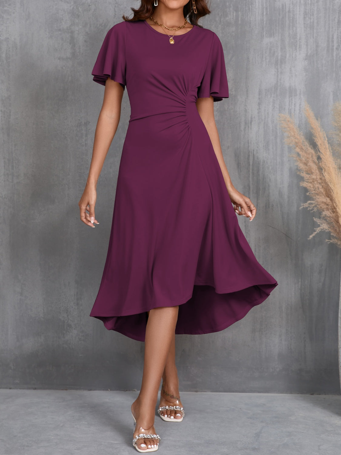 Round Neck Flutter Sleeve Midi Dress