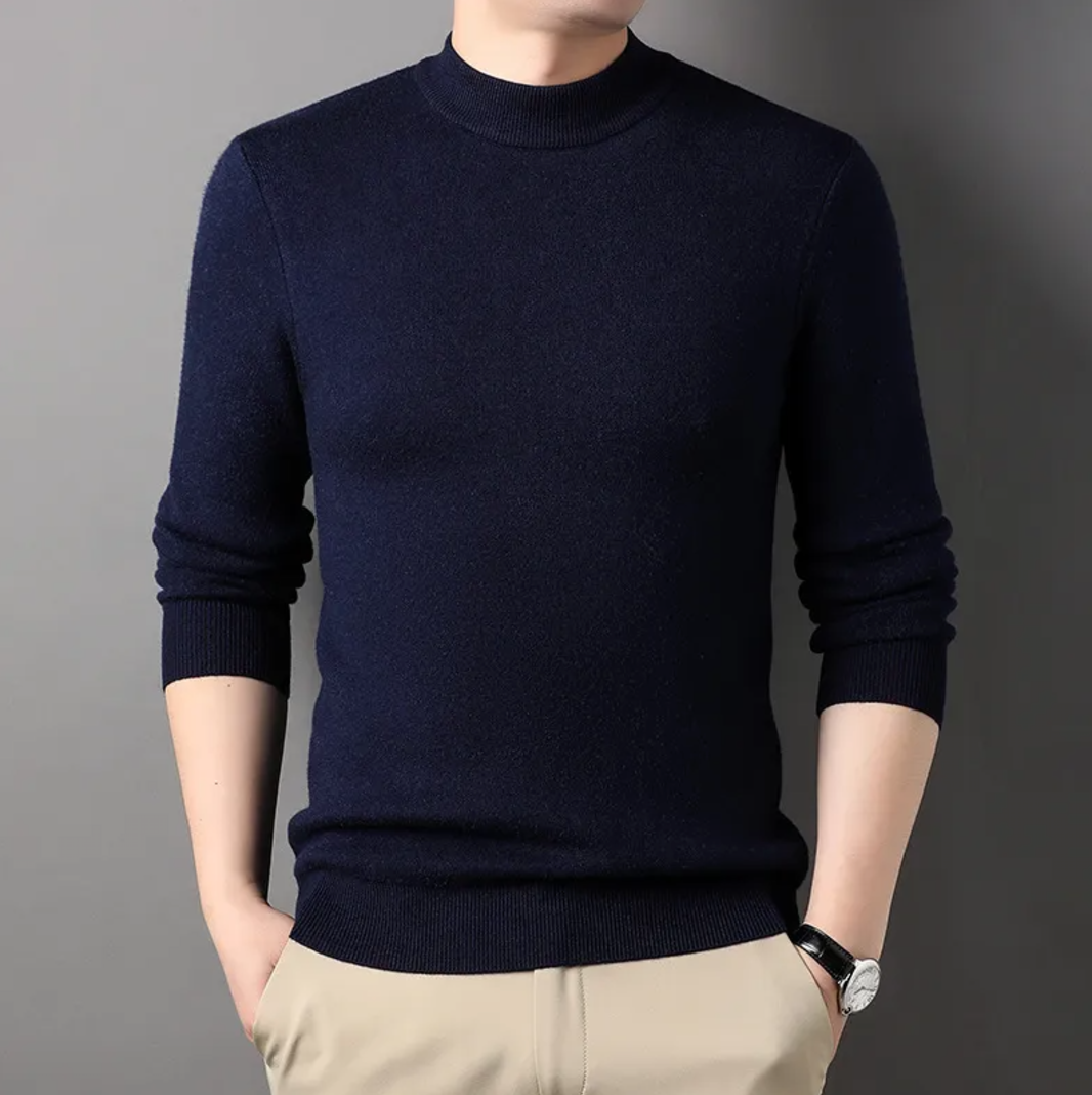 Fine knit mock neck sweater, Navy, front