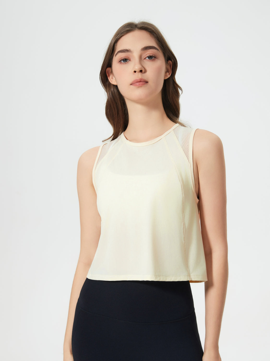 Round neck cropped active tank, Pastel Yellow