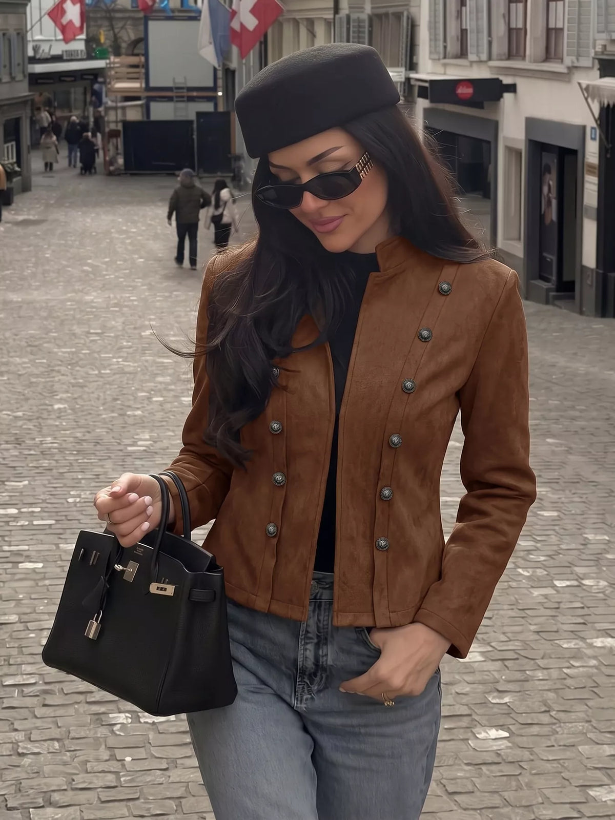 Vintage stand collar cropped jacket
