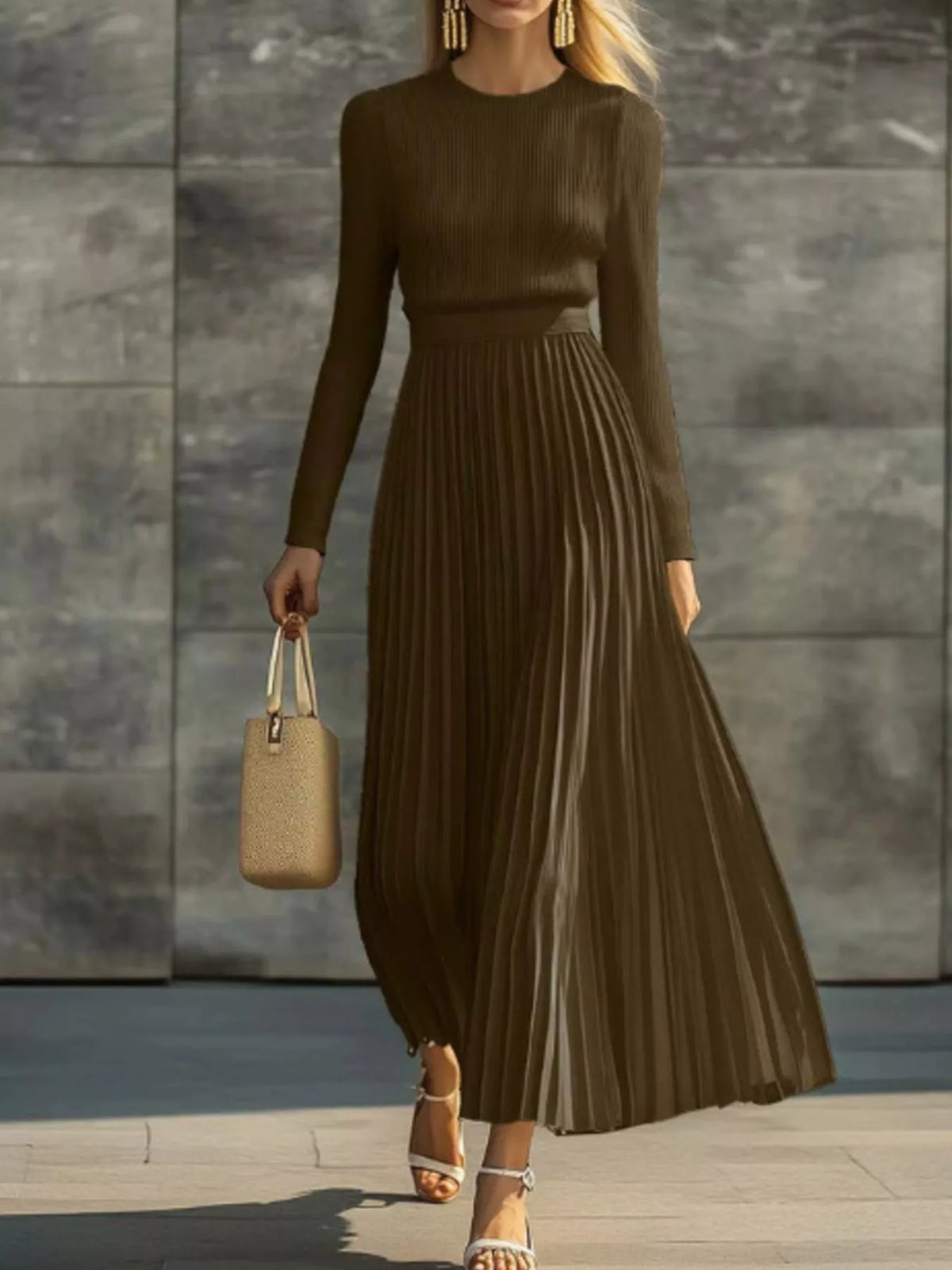 Ribbed knit pleated midi dress, Brown