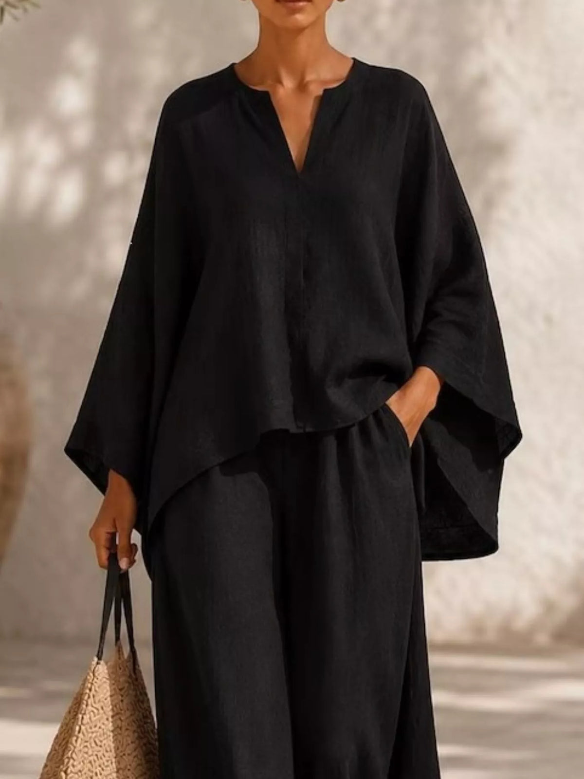 Notched long sleeve top and wide-leg pants set