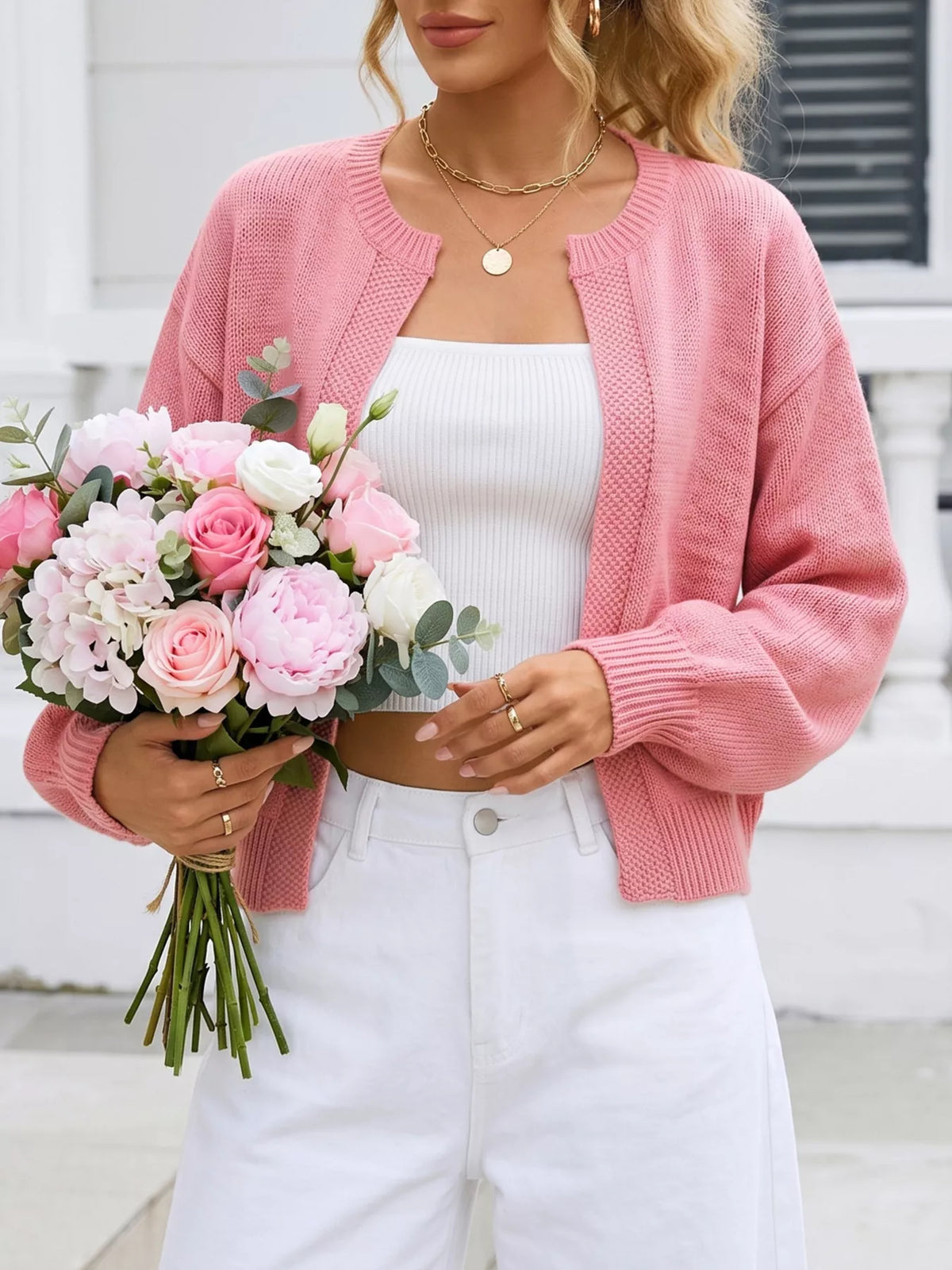 Casual open-front knit cardigan with ribbed trim