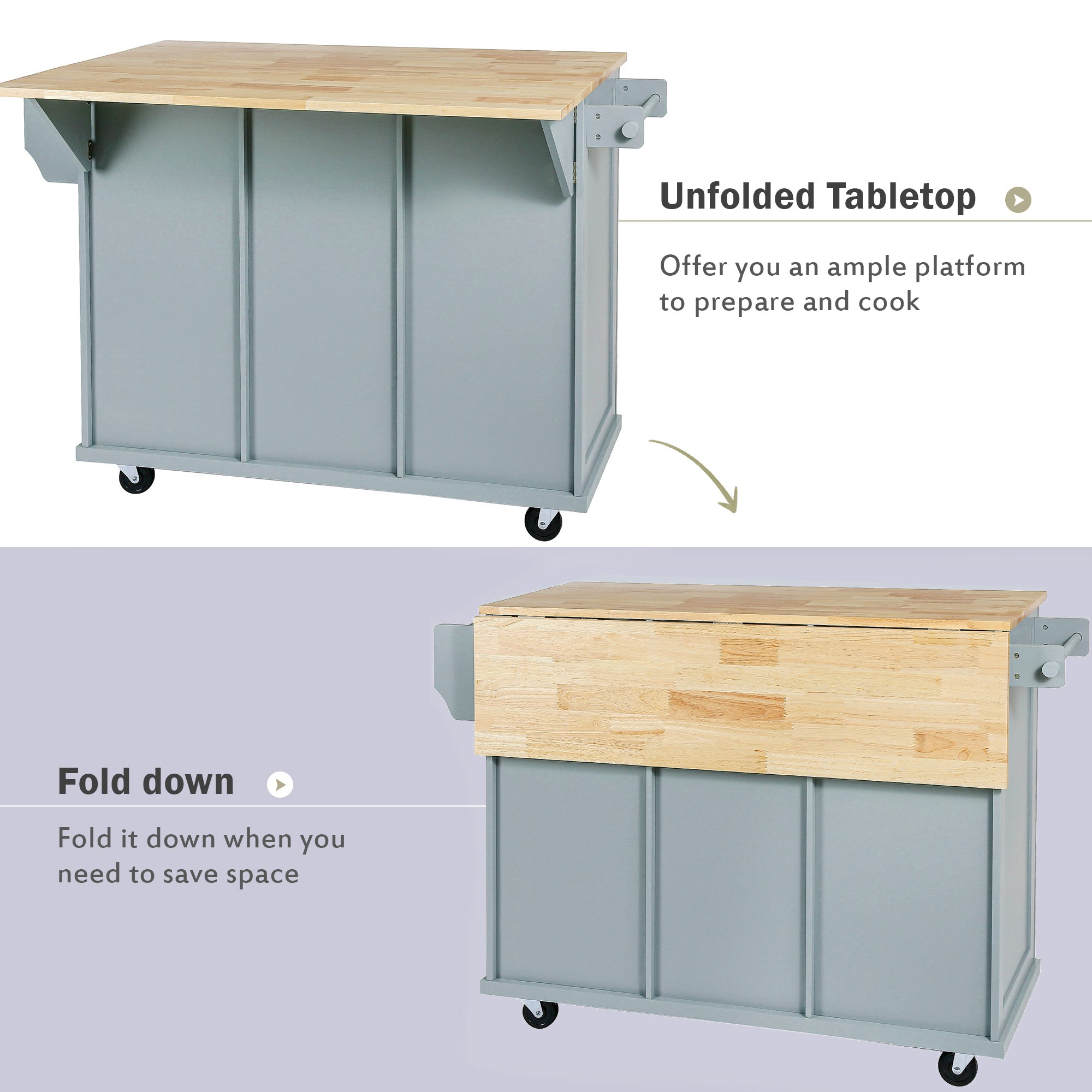 Kitchen handcart with rubber wood leaf countertop, storage cabinet, shelf, and 3 dining room drawers, gray blue