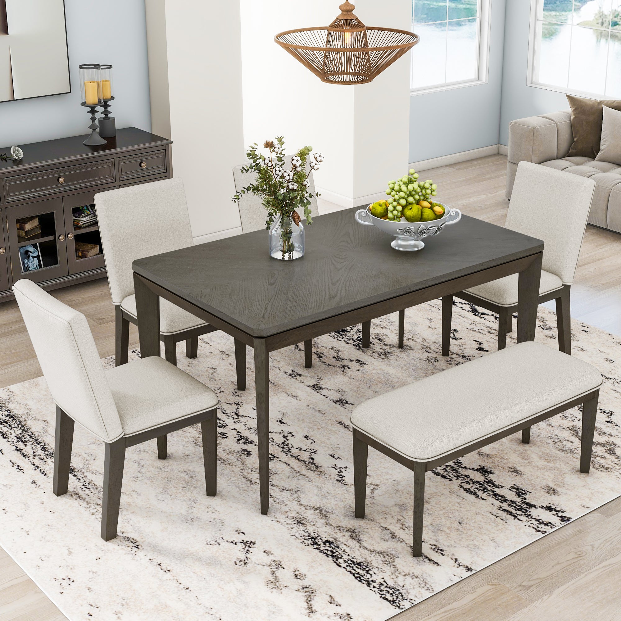 TOPMAX 6-Piece Dining Table Set with Upholstered Dining Chairs and Bench Farmhouse Style Tapered Legs Dark Gray+Beige