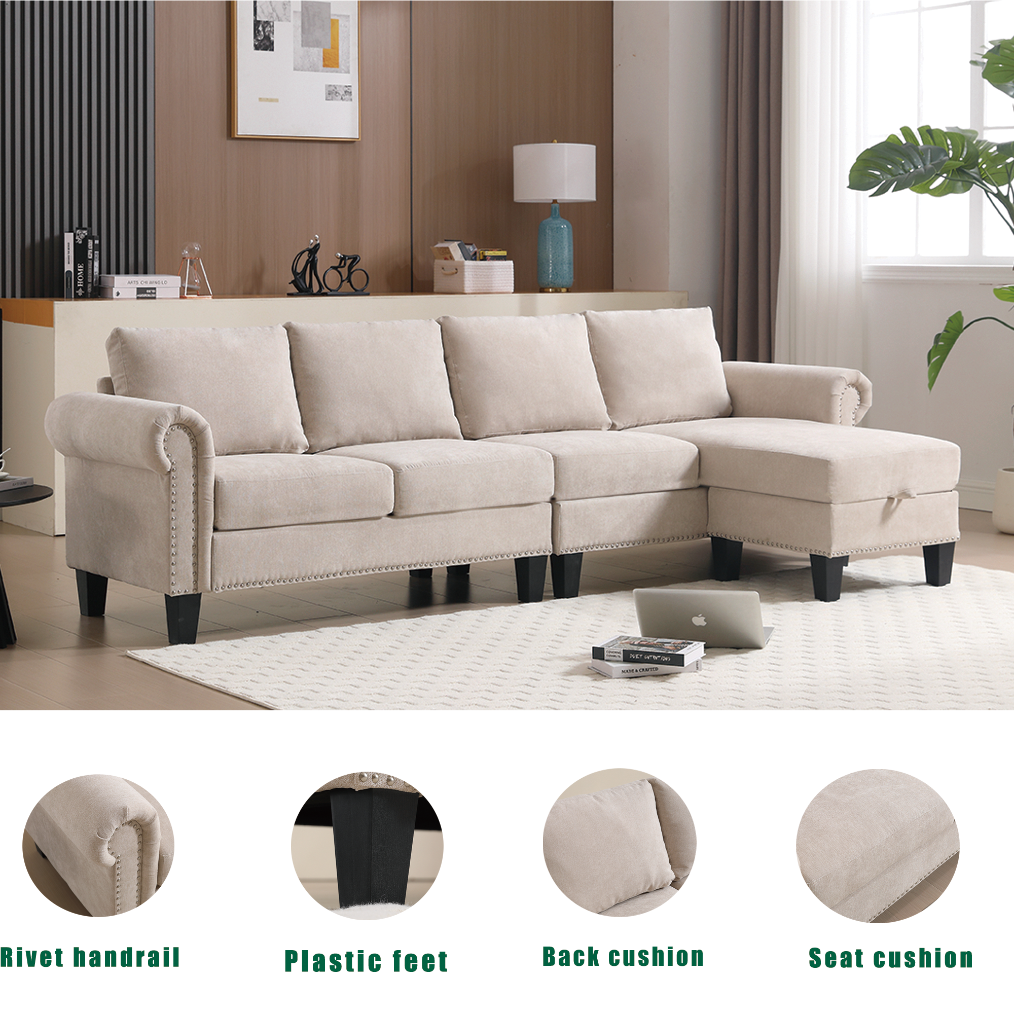 Convertible Sectional Sofa with Storage,L-shaped sofa,Four-seater sofa,Modern Linen Fabric Sectional Couches Beige