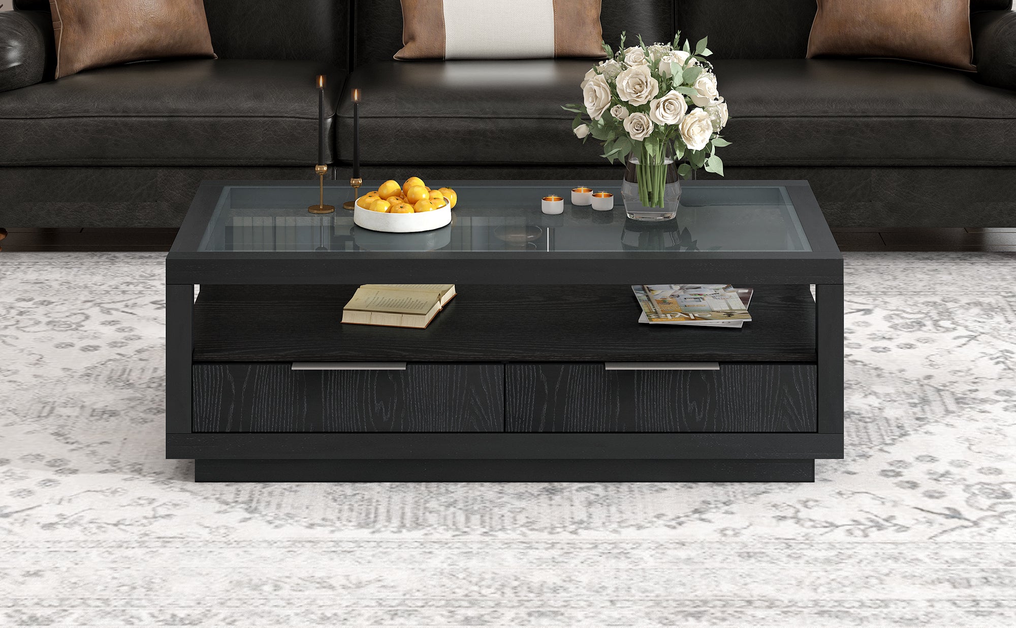 U-Can modern wooden coffee table with 2 drawers and minimalist display coffee table with transparent tempered glass