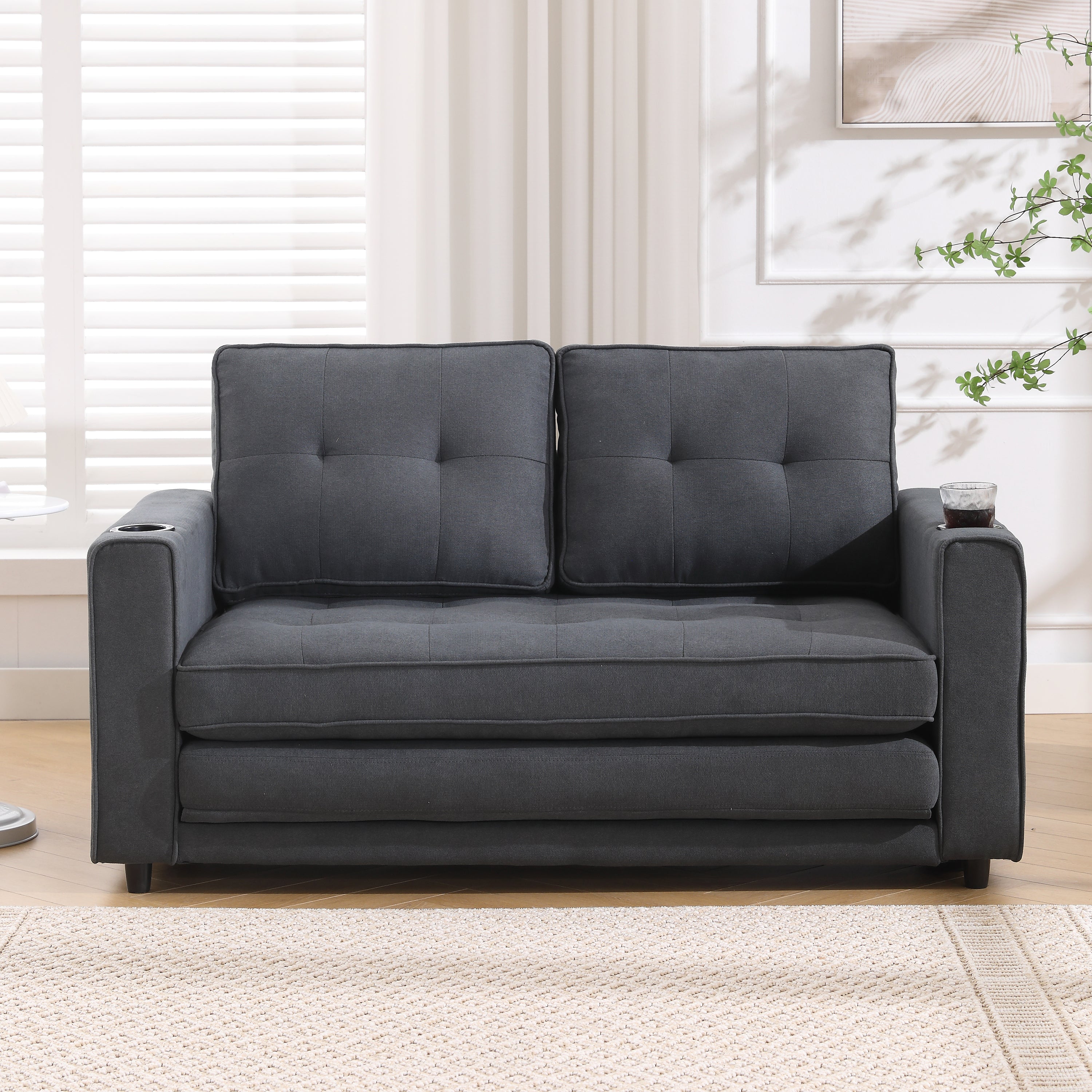 Three in one soft cushion cushion cushion sofa, folding mattress sofa bed, with side pockets and cup holder, dark gray