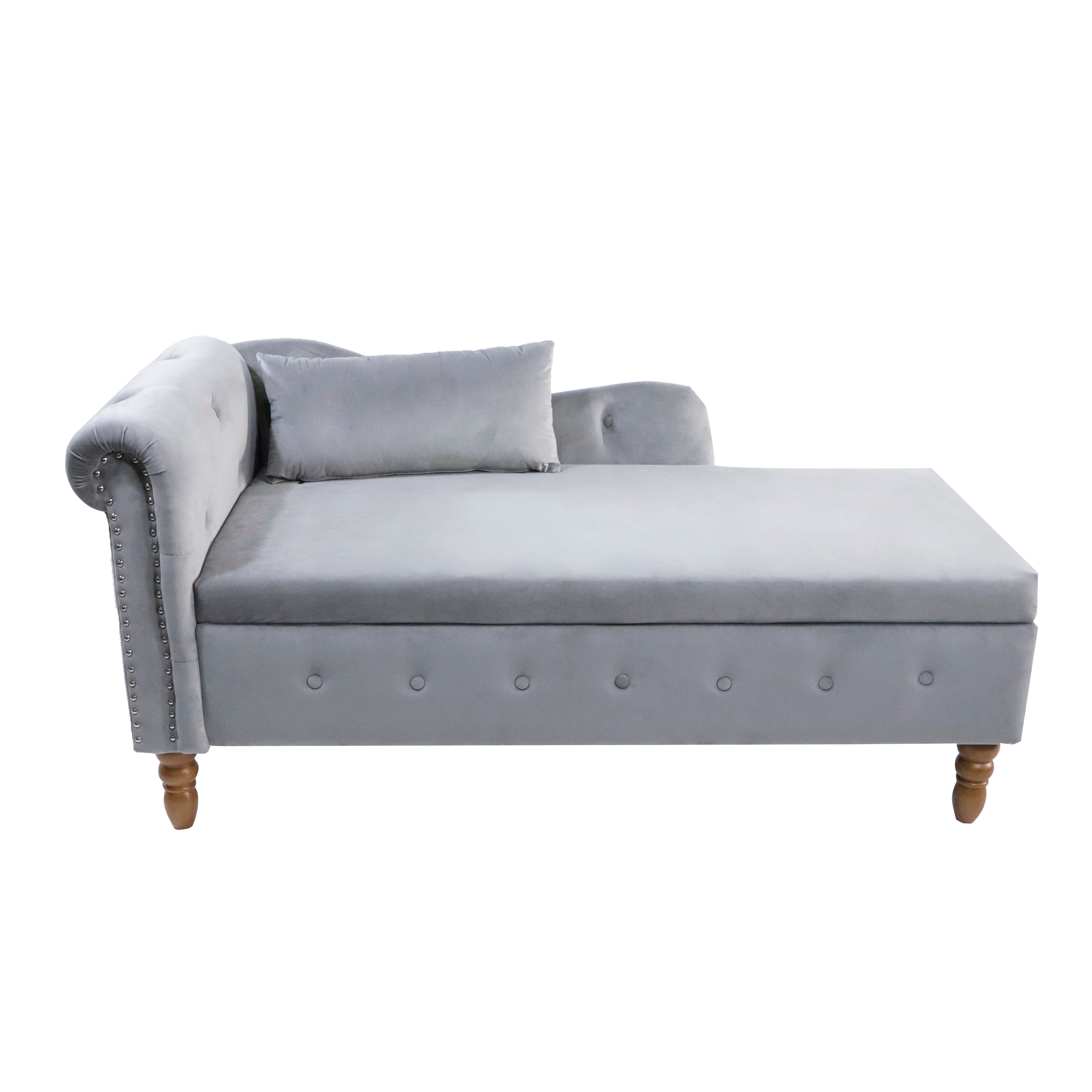 Grey Chaise Lounge Indoor Velvet Lounge Chair for Bedroom with Storage & Pillow Modern Upholstered Rolled Arm Chase Lounge