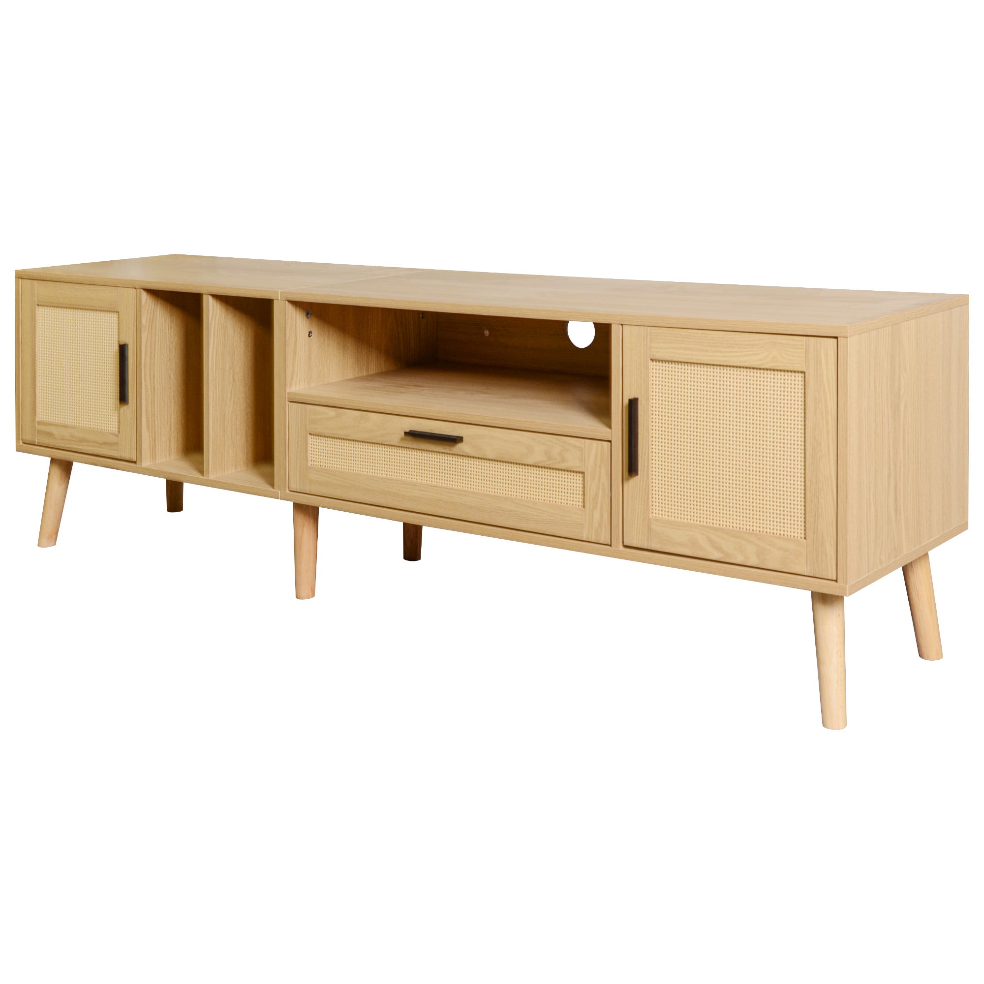 Vine TV stand with 2 cabinets and 2 open shelves, suitable for TVs under 80 inches, with solid wood legs for TV cabinets