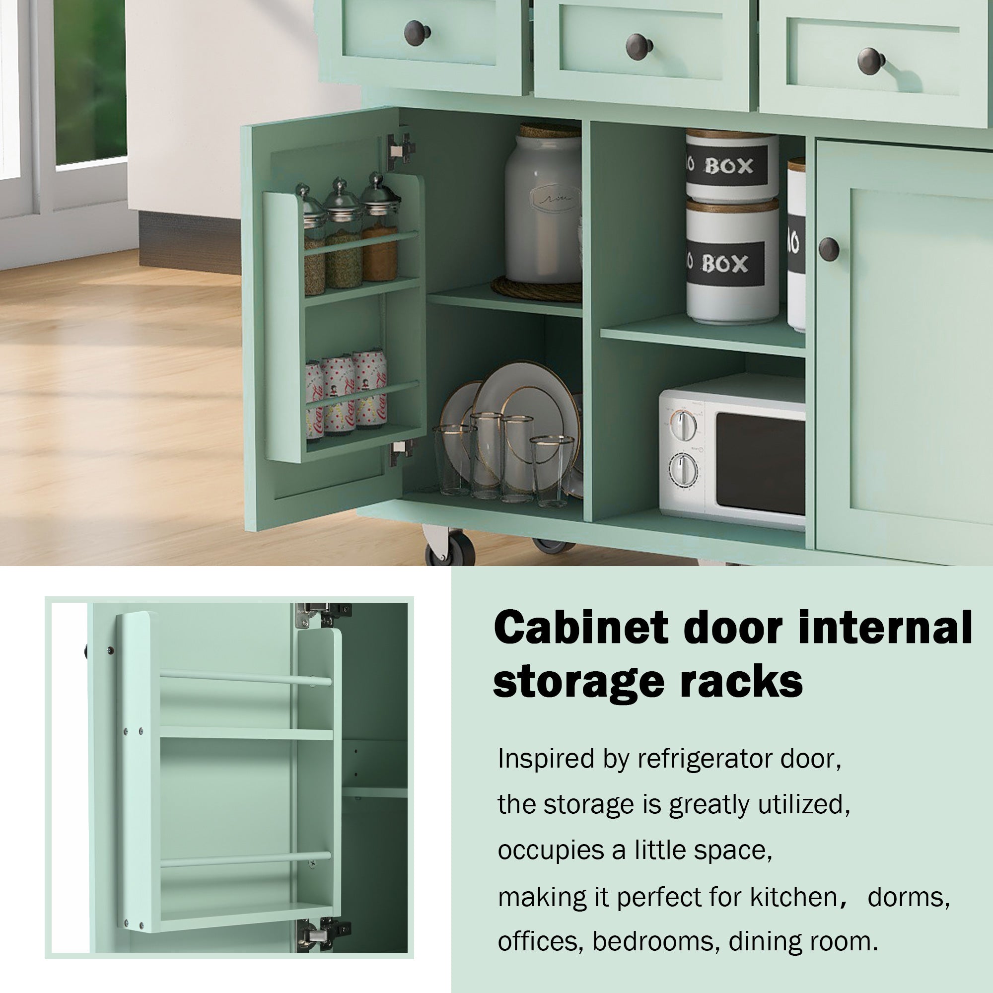 Kitchen trolley, cabinet door internal storage rack with storage cabinet and 3 dining room drawers, mint green