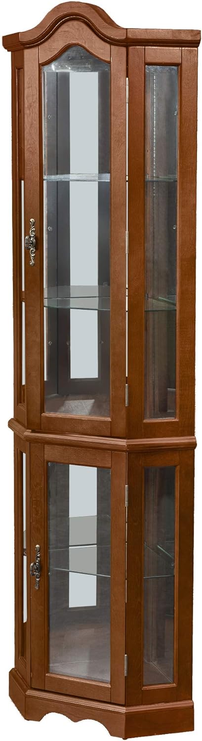 Corner Curio cabinet, adjustable tempered glass frame, rearview mirror, display cabinet, walnut wood (excluding E26 bulbs)