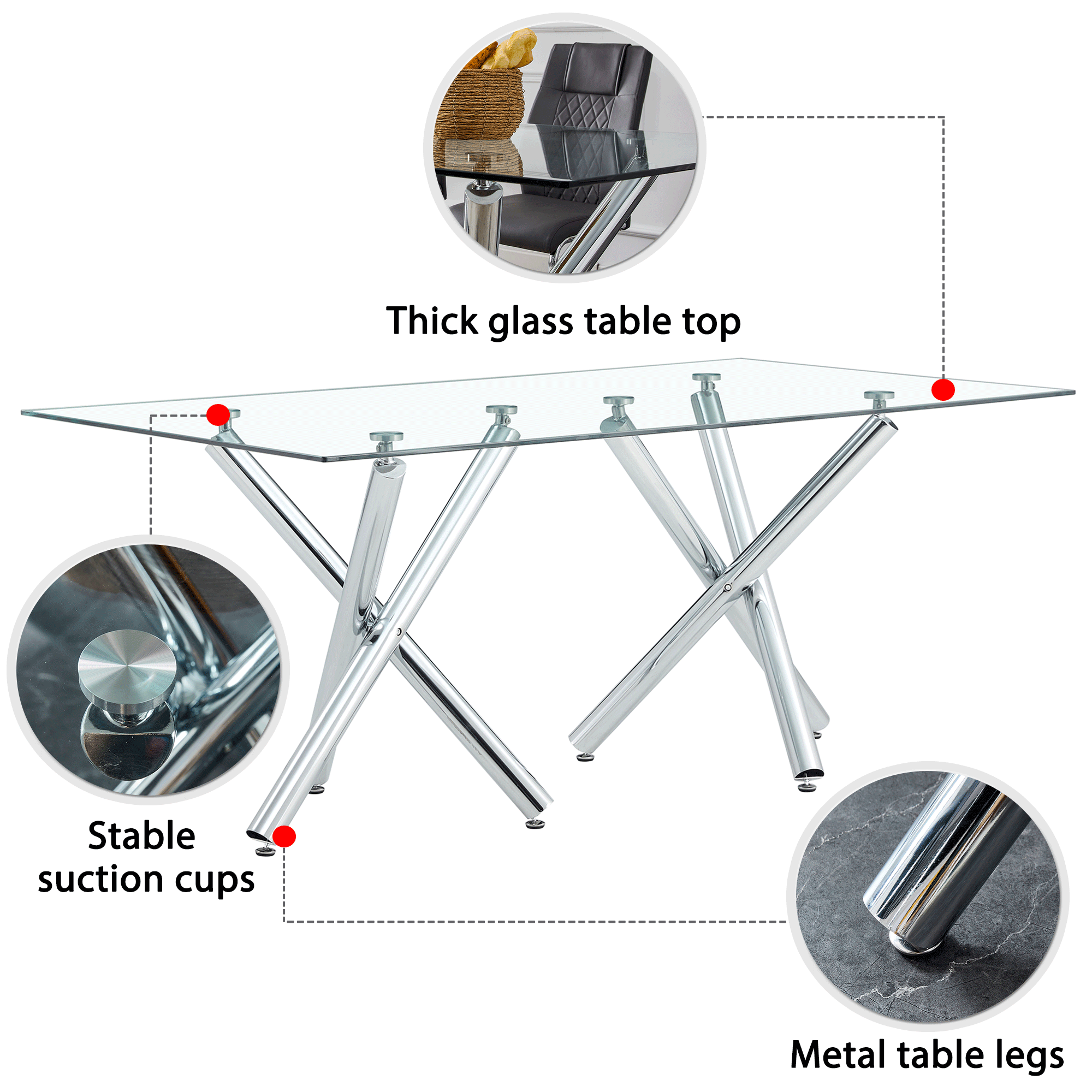 Large Modern Minimalist Rectangular Glass Dining Table for 6-8