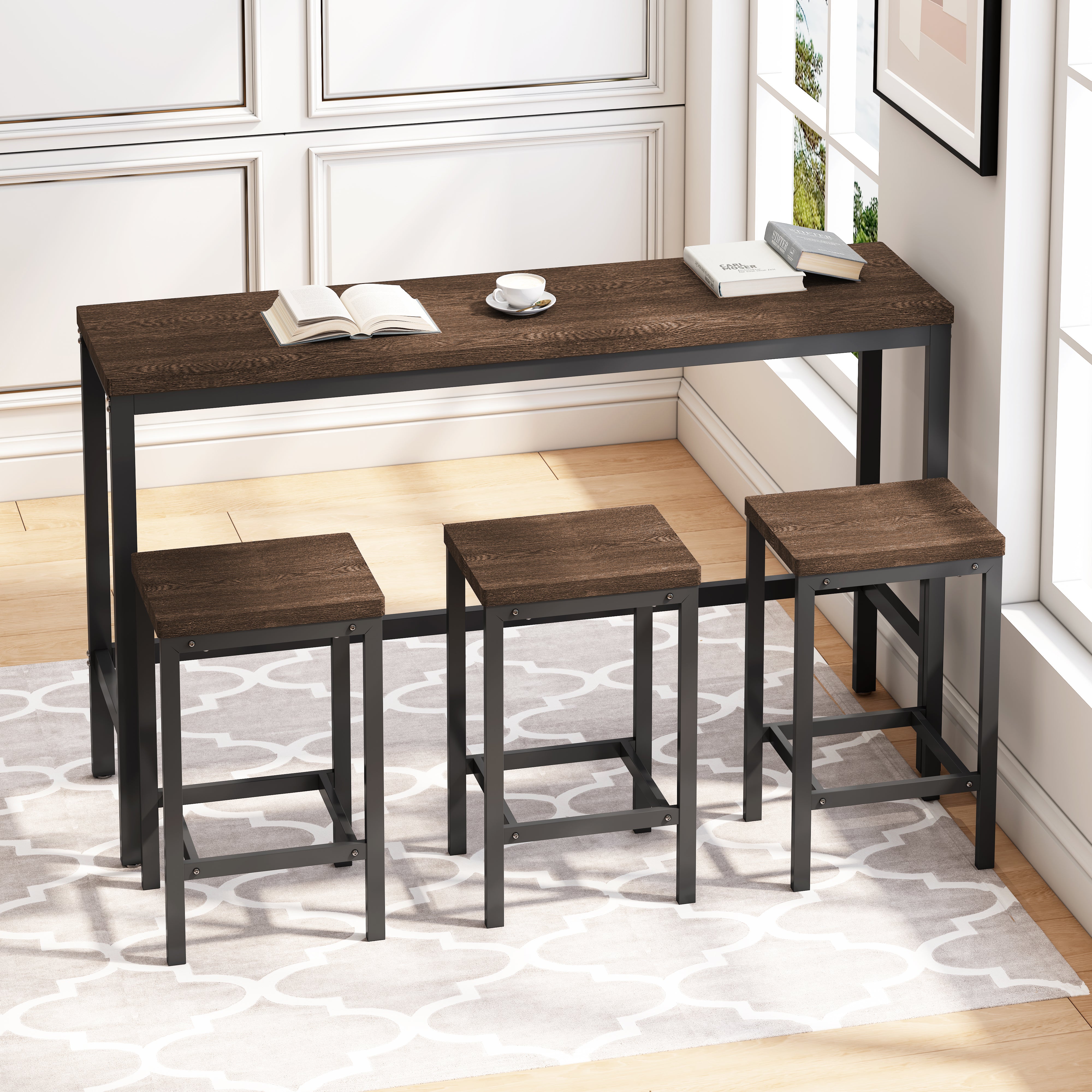 Modern Design Kitchen Dining Table Pub Table Long Dining Table Set with 3 Stools Easy Assembly Dark Brown