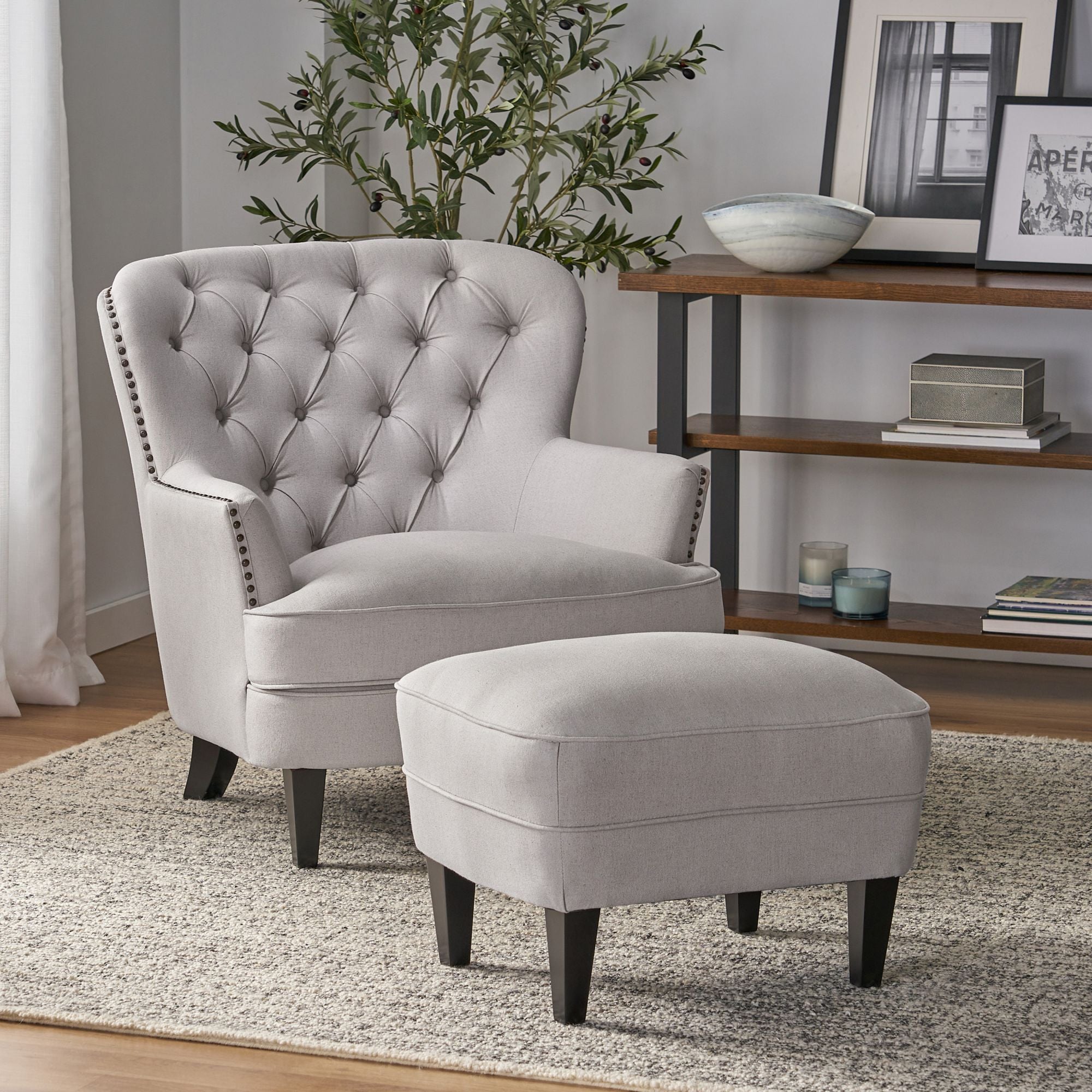 Modern light grey fabric club chair and Ottoman set, stylish cushioned armchair, paired with Ottoman style