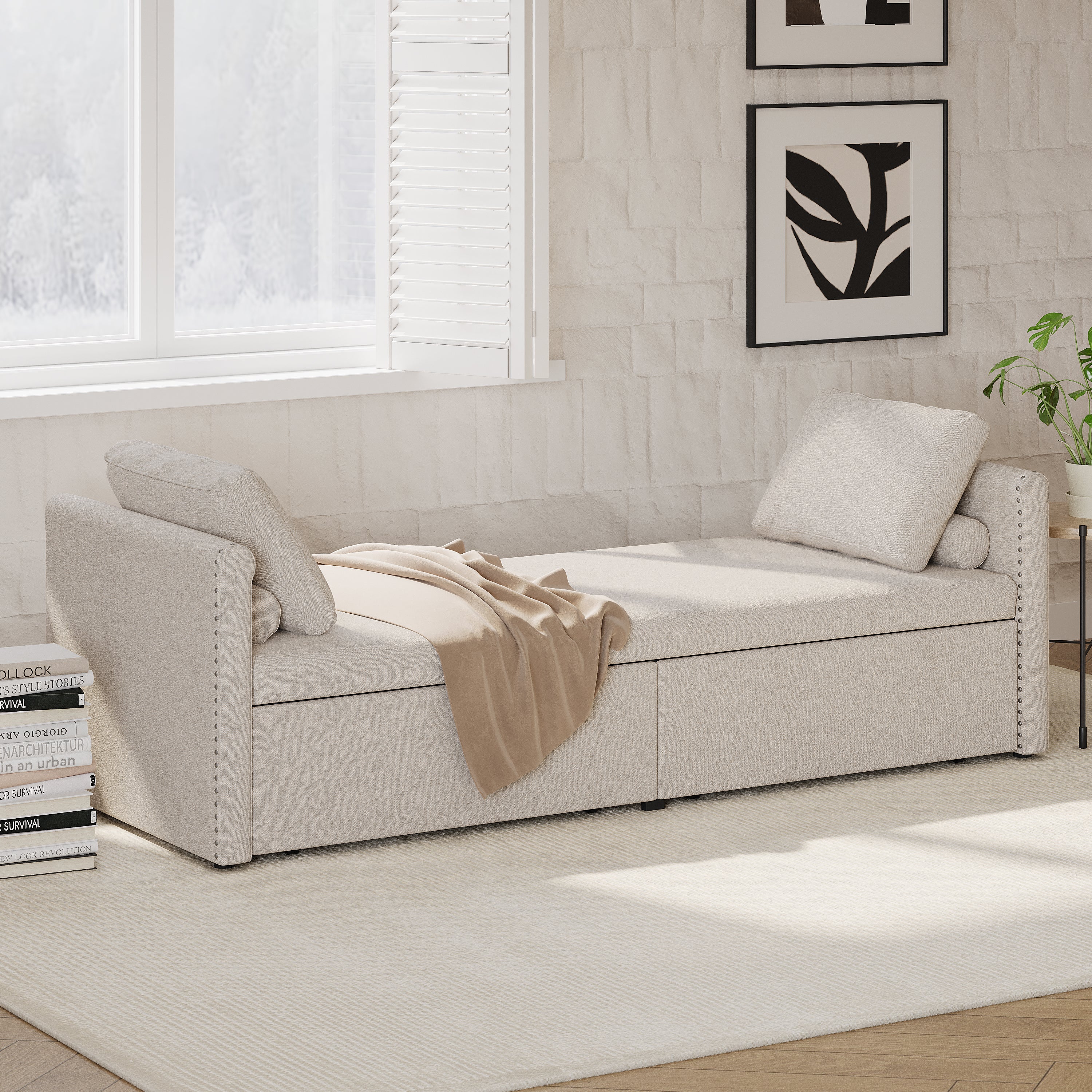 Modern cushioned lounge chair sofa bed with 2 drawers, small single sofa bed without mattress, linen, beige