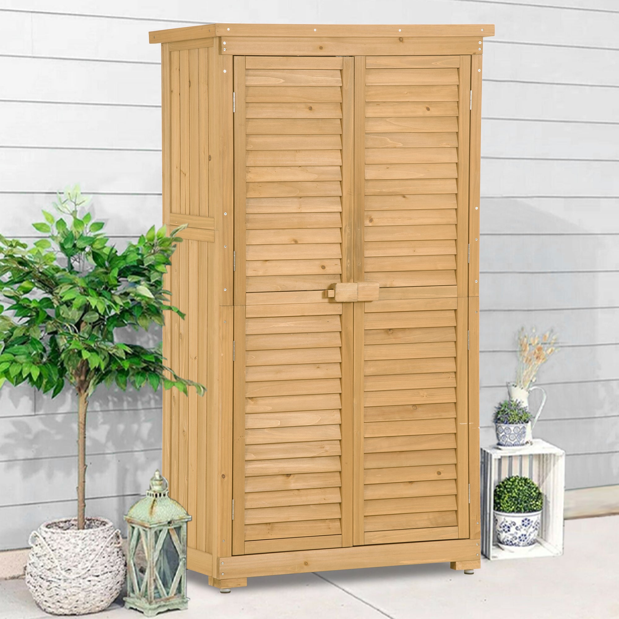 Wooden Garden Shed 3-tier Patio Storage Cabinet Outdoor Organizer Wooden Lockers with  Wood (Natural Wood Color -Shutter Design)