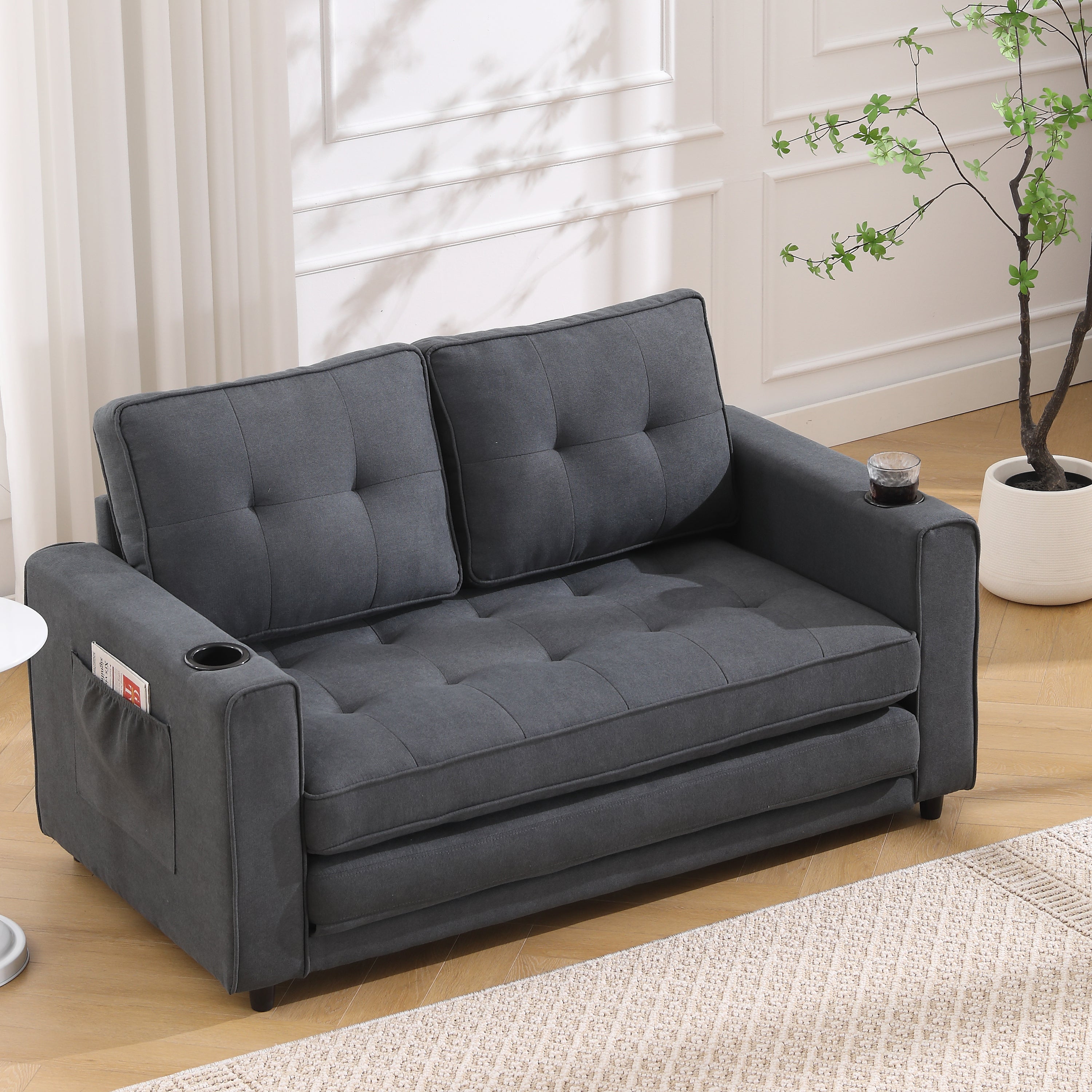 Three in one soft cushion cushion cushion sofa, folding mattress sofa bed, with side pockets and cup holder, dark gray