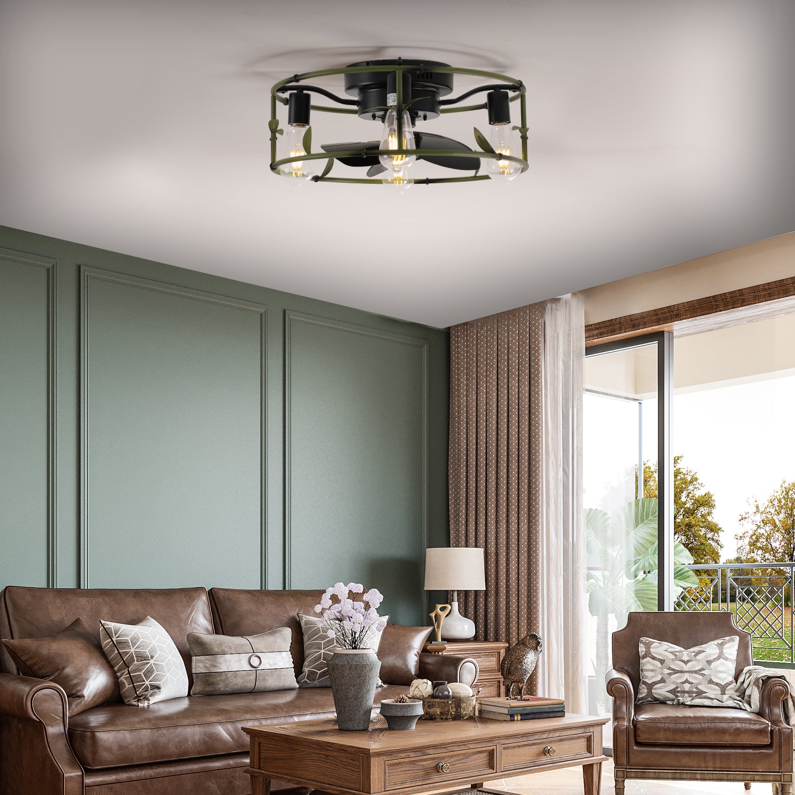 Flush Mount Ceiling Fans with Lights and Remote Control green Caged Low Profile Ceiling Fan Modern Metal Ceiling fanfor