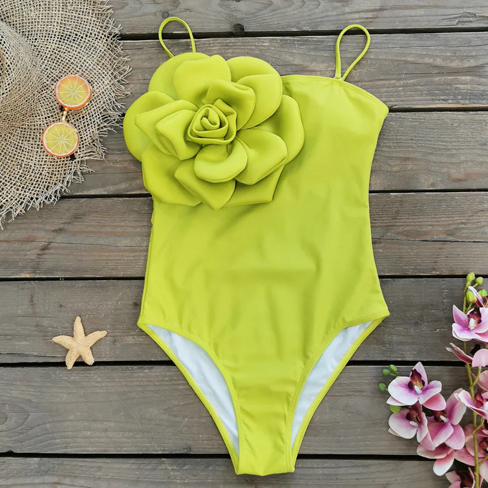 3D Flower One shoulder Swimsuit One Piece Swimwear High Waist Bikini with Skirt Swimming Suits Bathing Suit Beachwear