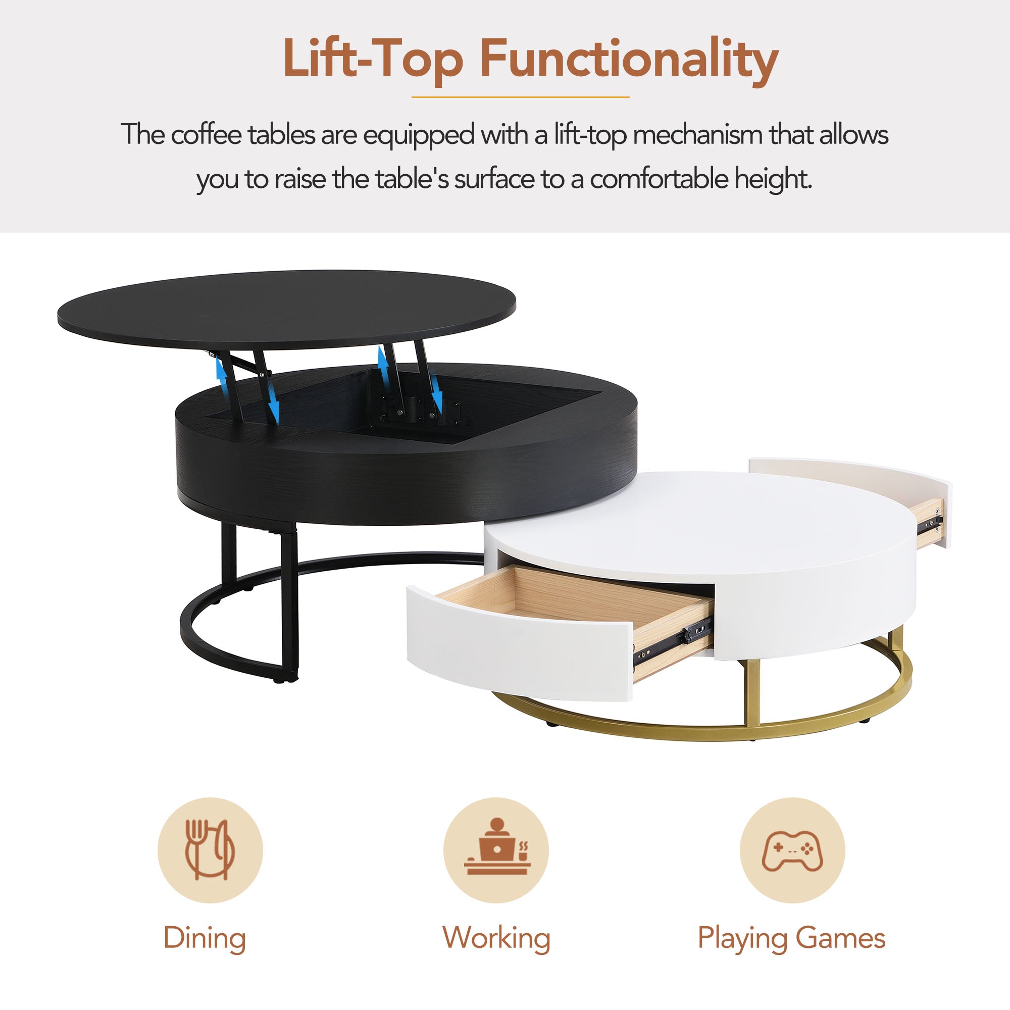 Modern Round Lift-top Nesting Coffee Tables with 2 Drawers White & Black