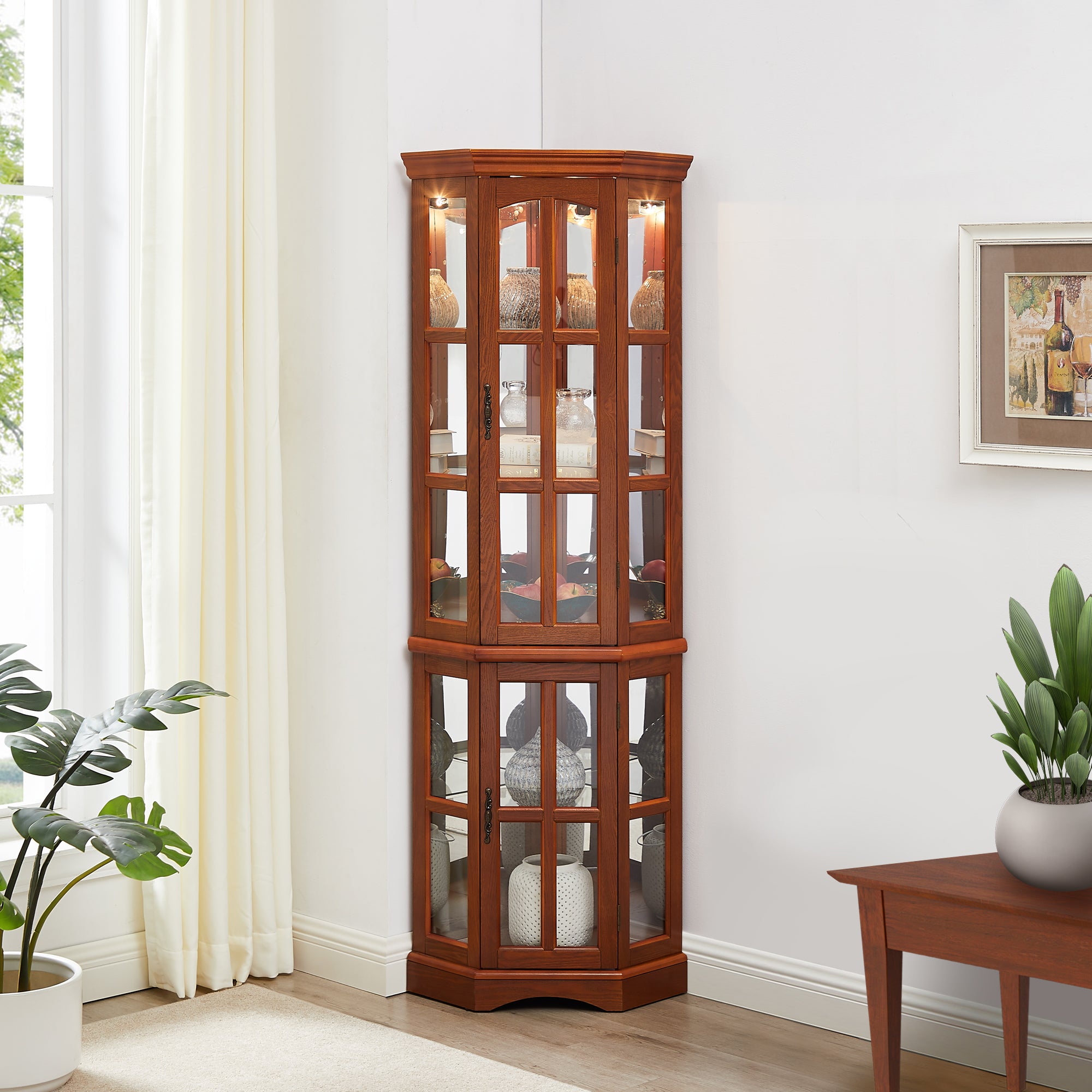 Corner Curio Cabinet with 5 Shelves and Lighting System, Oak(E26 light bulb not included)