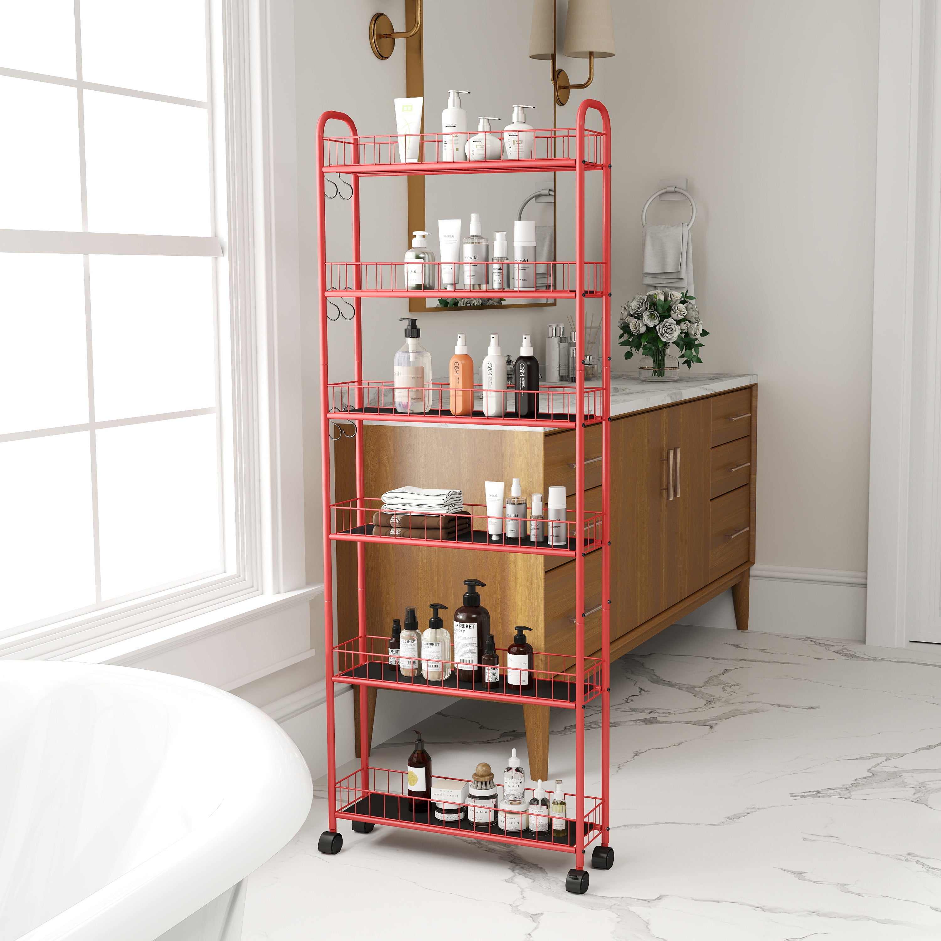 Red 6-story rolling cart gap kitchen ultra-thin sliding out storage tower shelf with wheels, 6 baskets