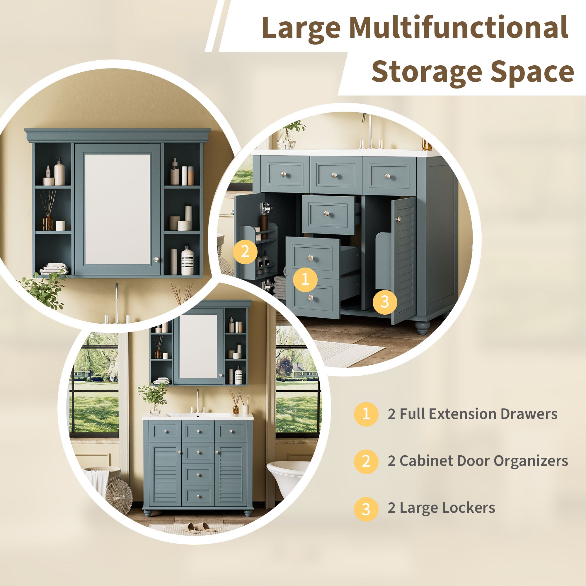 36 inch modern mirror cabinet with adjustable shelves, 2 soft closing doors, and 6 drawer storage cabinet door organizers