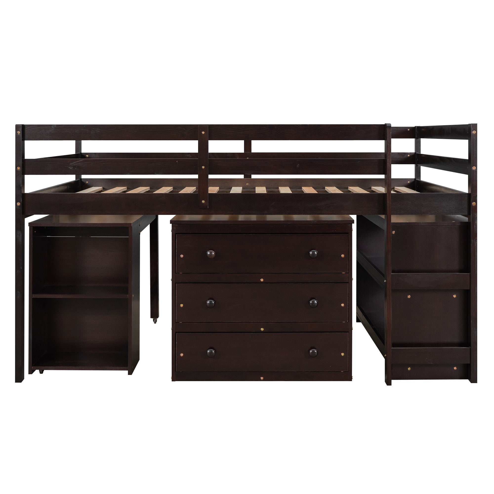 Low Study Full Loft Bed with Cabinet Shelves and Rolling Portable Desk Multiple Functions Bed- Espresso