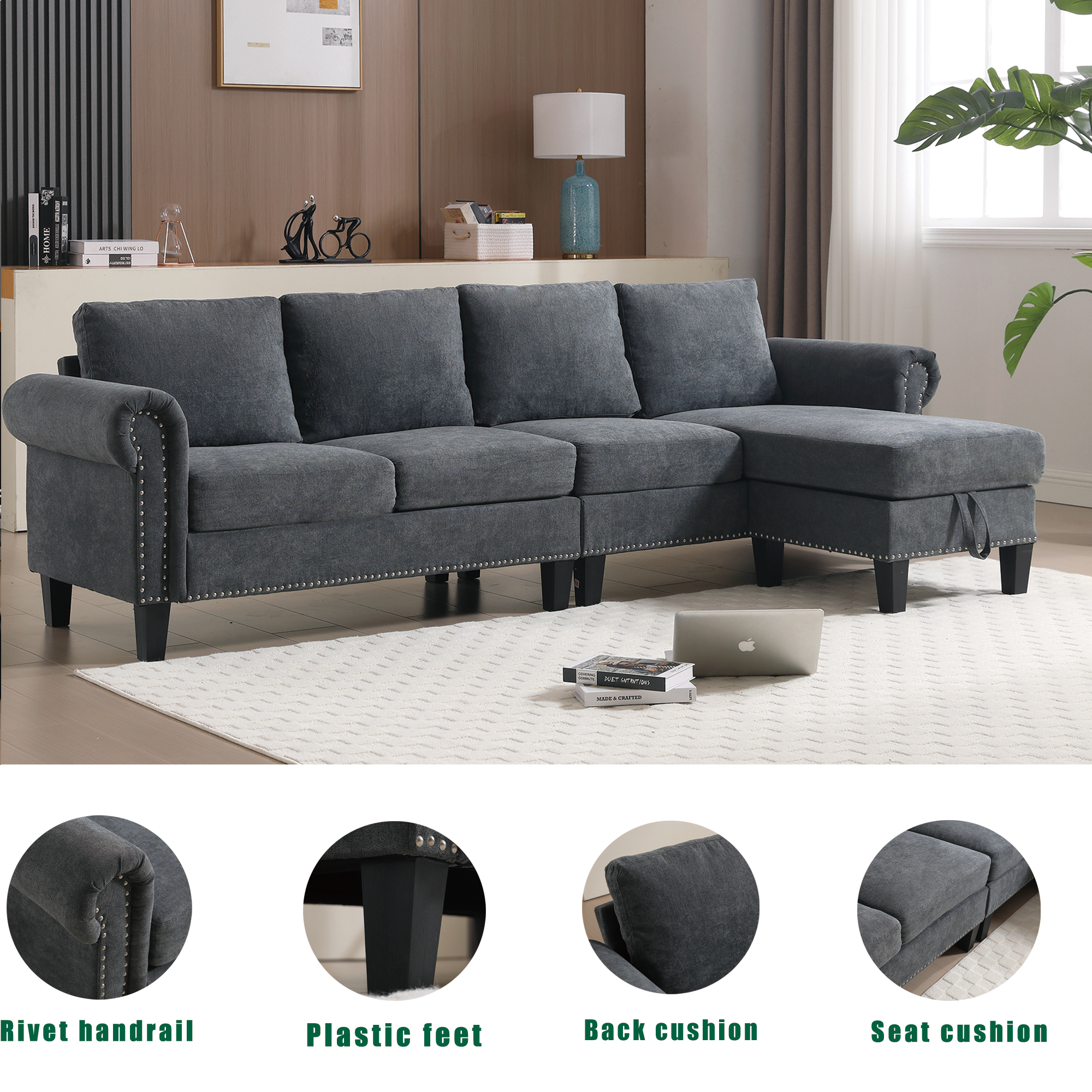 Convertible Sectional Sofa with Storage,L-shaped sofa Modern Linen Fabric Sectional Couches for Living Room,Gray