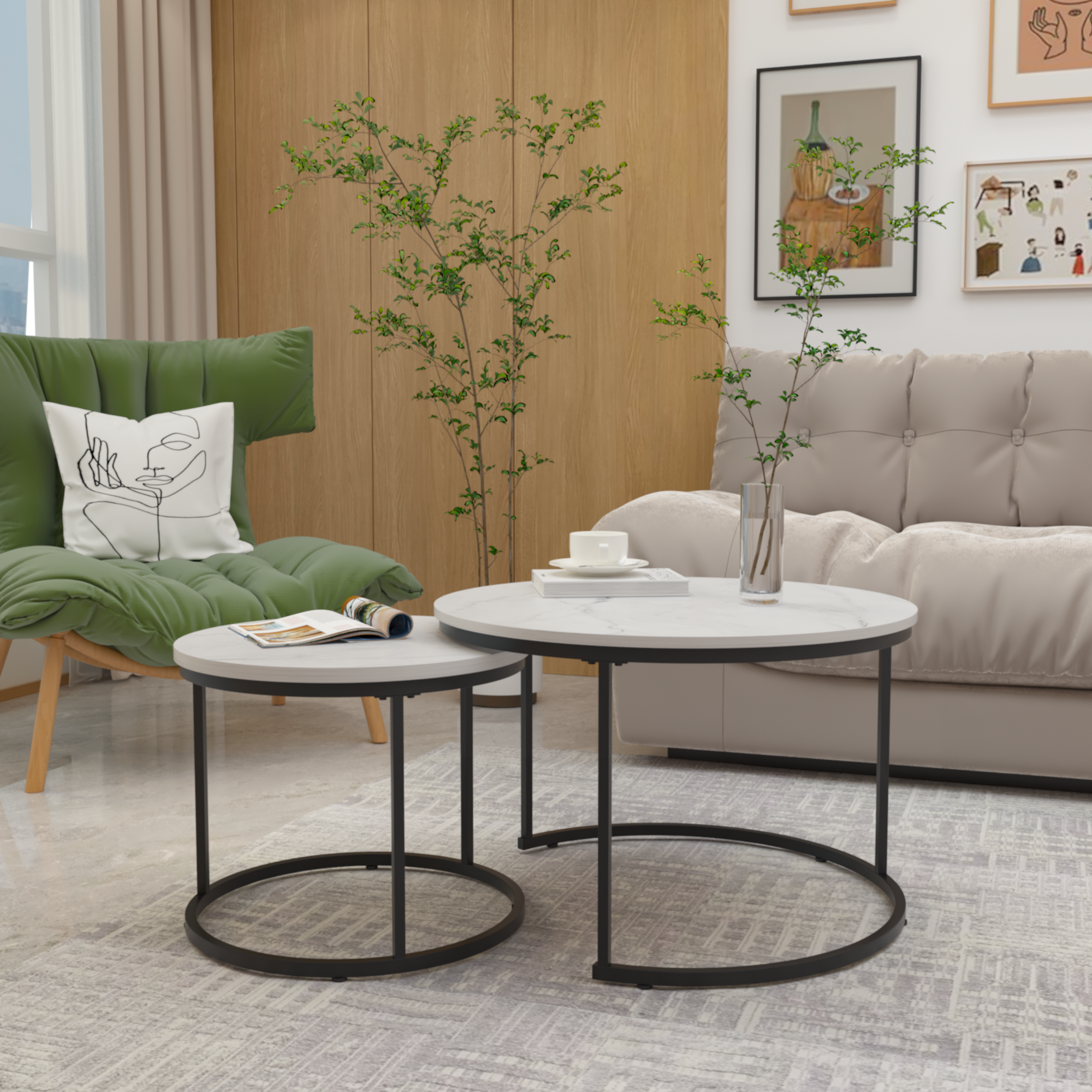 A set of nested 27.6-inch circular coffee tables with a wooden marble patterned tabletop and a sturdy metal frame (white)