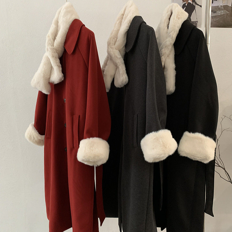 Vintage Wool Coat Mid-Length Padded Thick Woolen Coat with Scarf