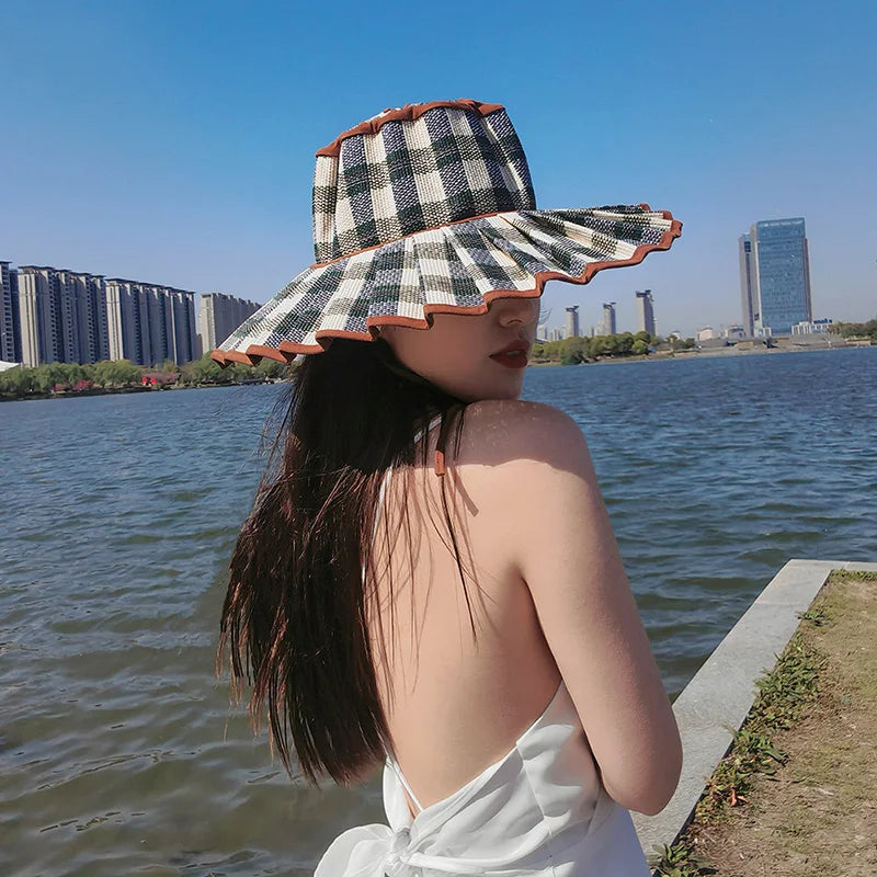 Spring Summer Fashion Casual Plaid Wide Brim Sun Hat Women Men Fashion Outdoor Sunshade Hat Foldable Straw Hat Designer Style