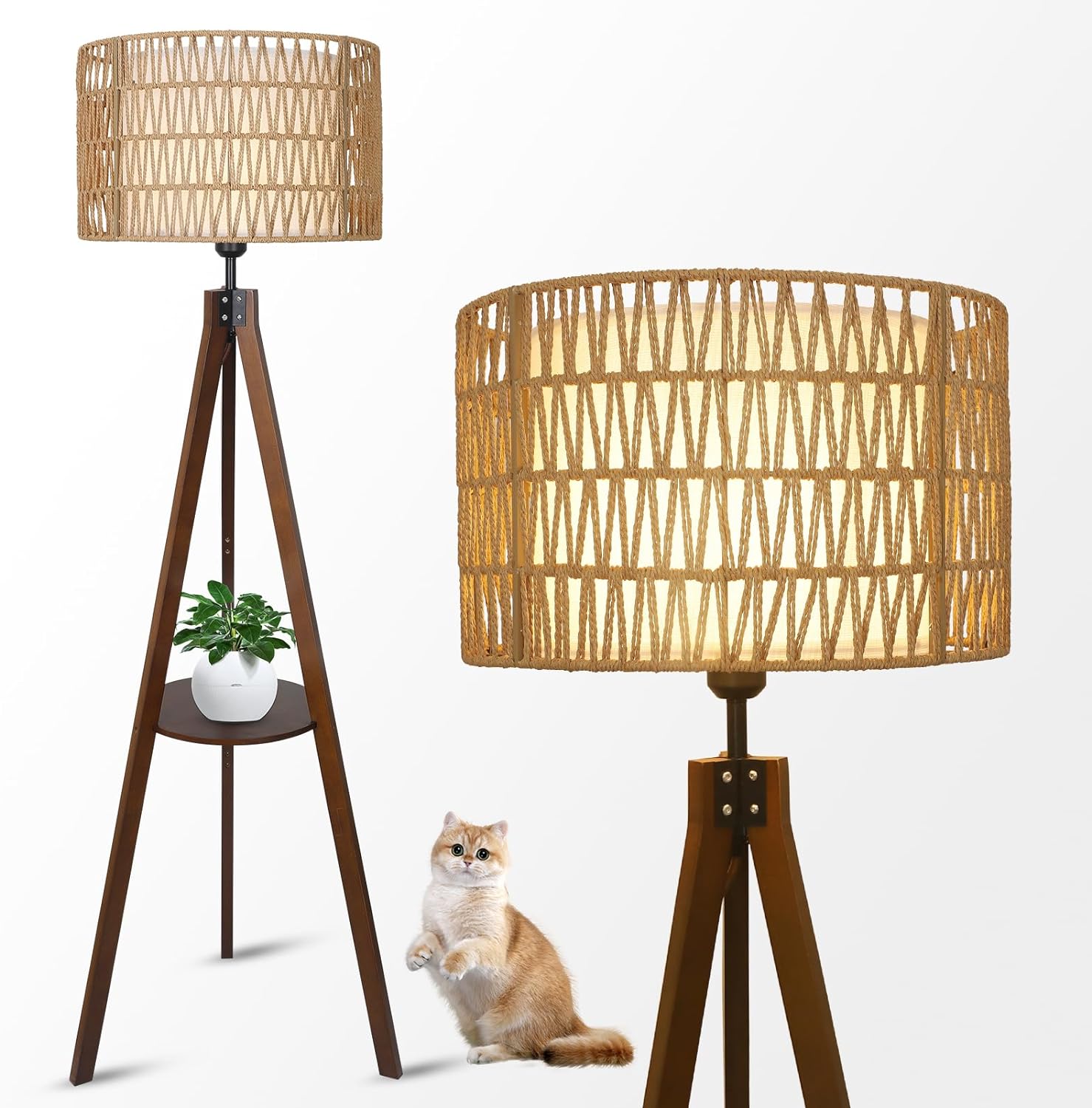 Boho Tripod Floor Lamp with Shelves, Mid Century Wood Standing Lamp with Rattan & Fabric Shades, ON/Off Foot Switch Office