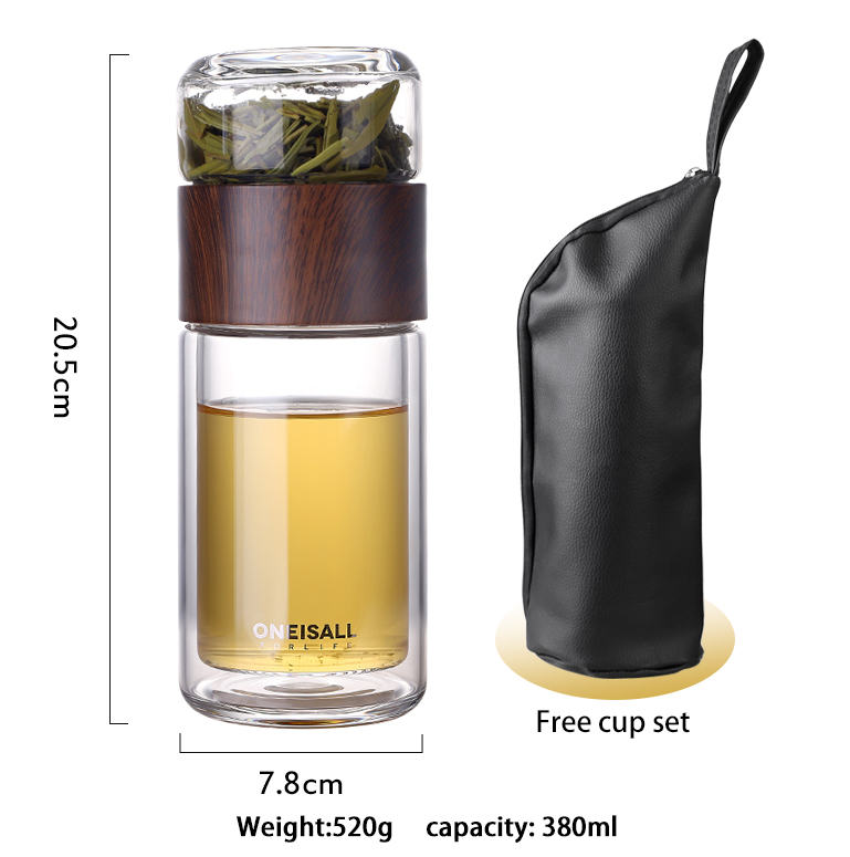 Double Wall Glass Water Bottle Tea Water Separation Glass Bottles Wood Grain With Hand Bag My Water Bottle