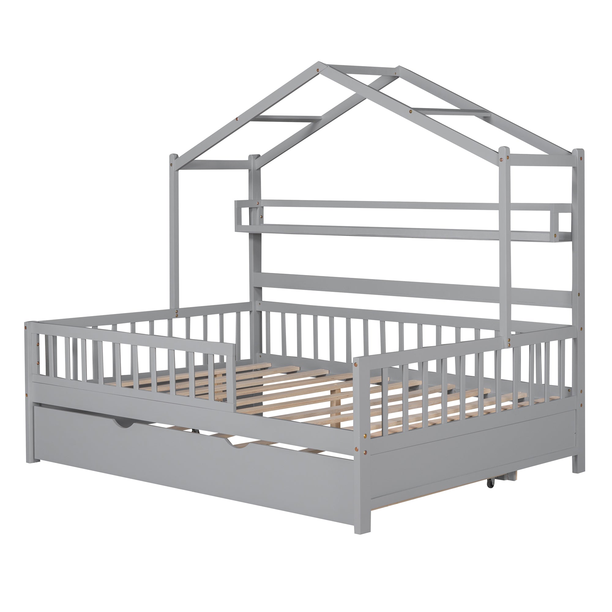 Wooden Full Size House Bed with Twin Size Trundle Kids Bed with Shelf Gray