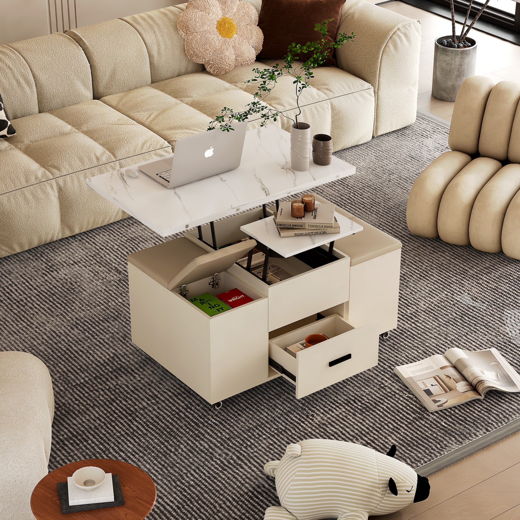 Modern lift coffee table, living room with 4 chairs, expandable 1 hidden storage space+2 drawers, folding dining table