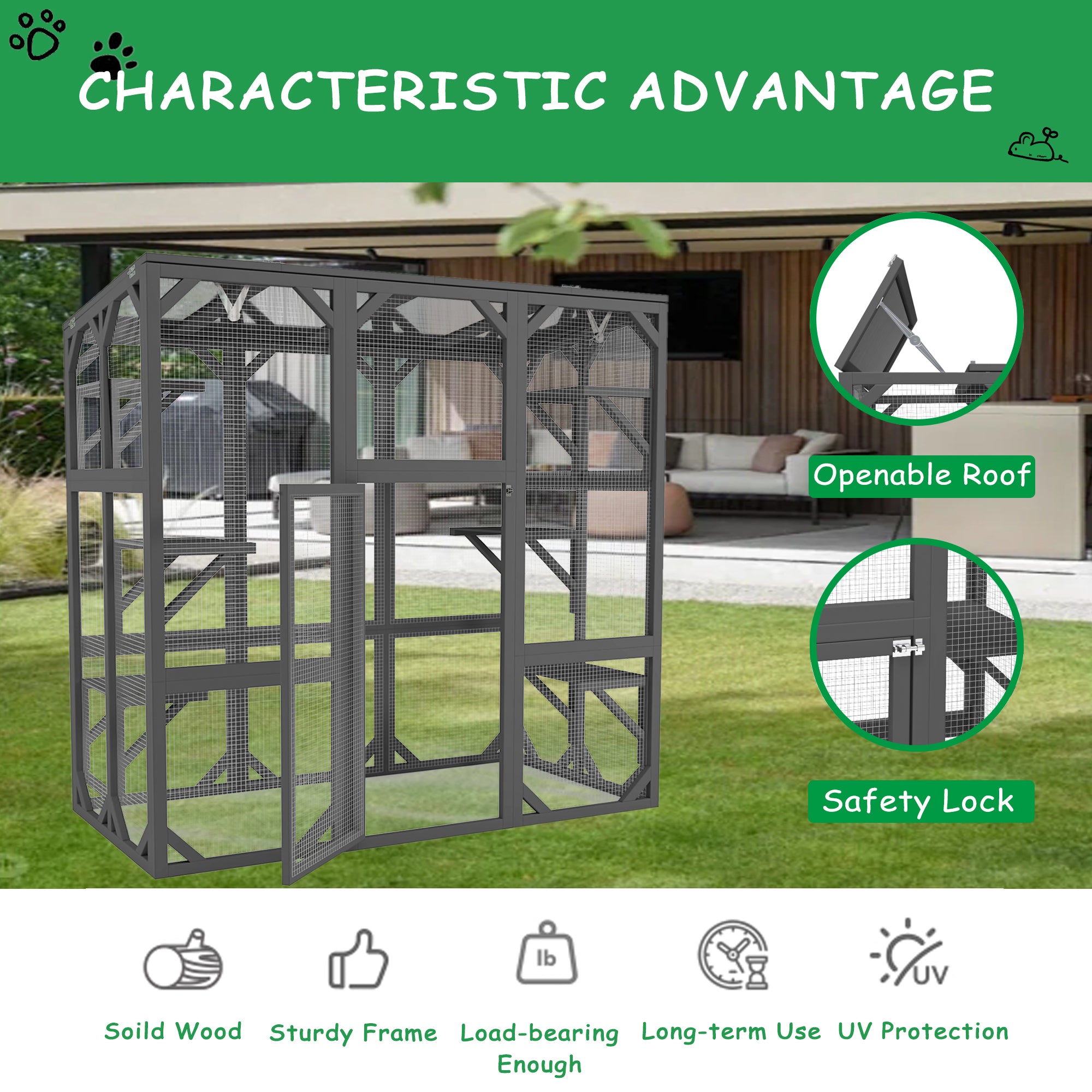 Catio Outdoor Cat Fence Cat House Wooden Cat Cage Six Platforms Large Entrance Door, Waterproof Roof 60 inches Grey