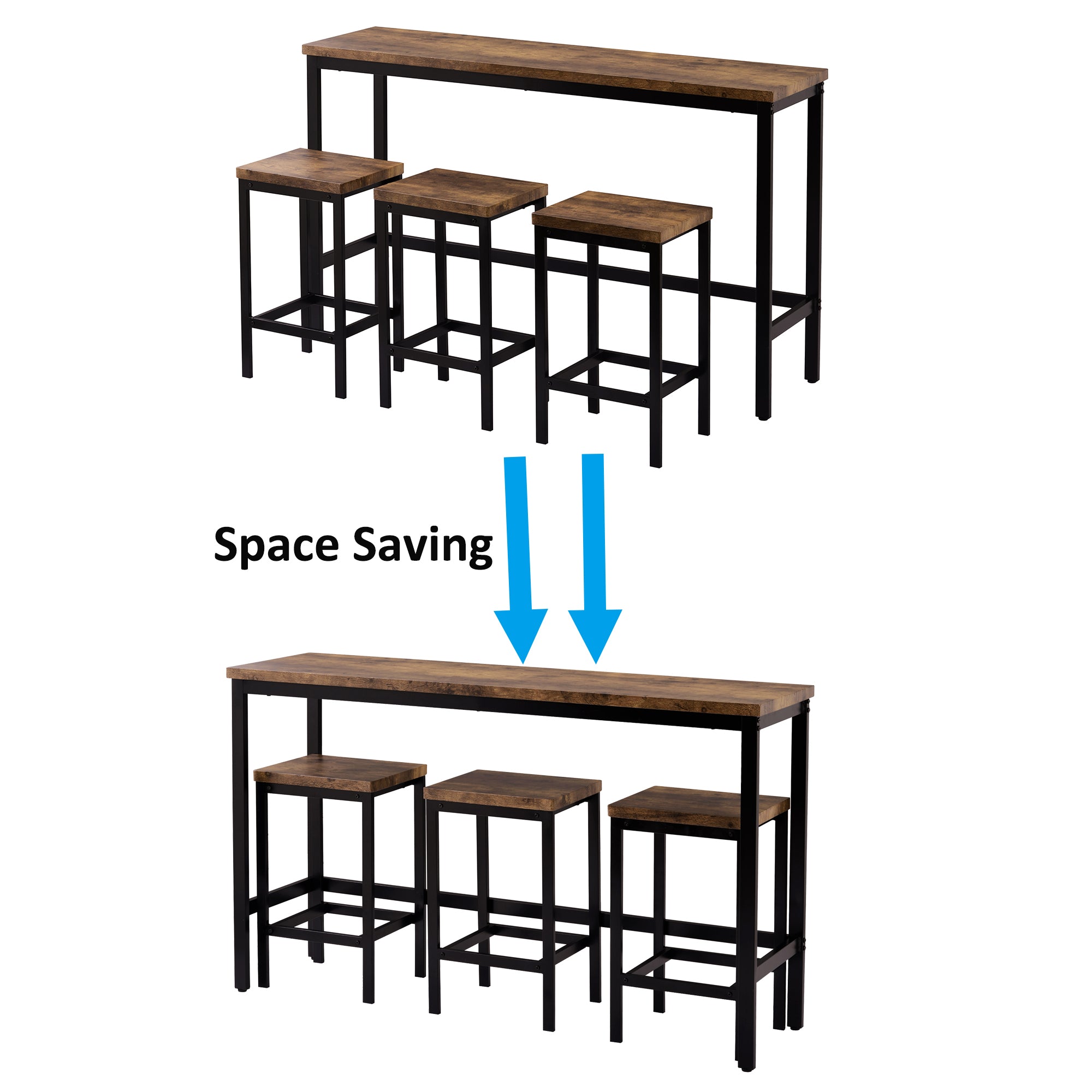 TOPMAX Counter Height Extra Long Dining Table Set with 3 Stools Pub Kitchen Set Side Table with Footrest Brown