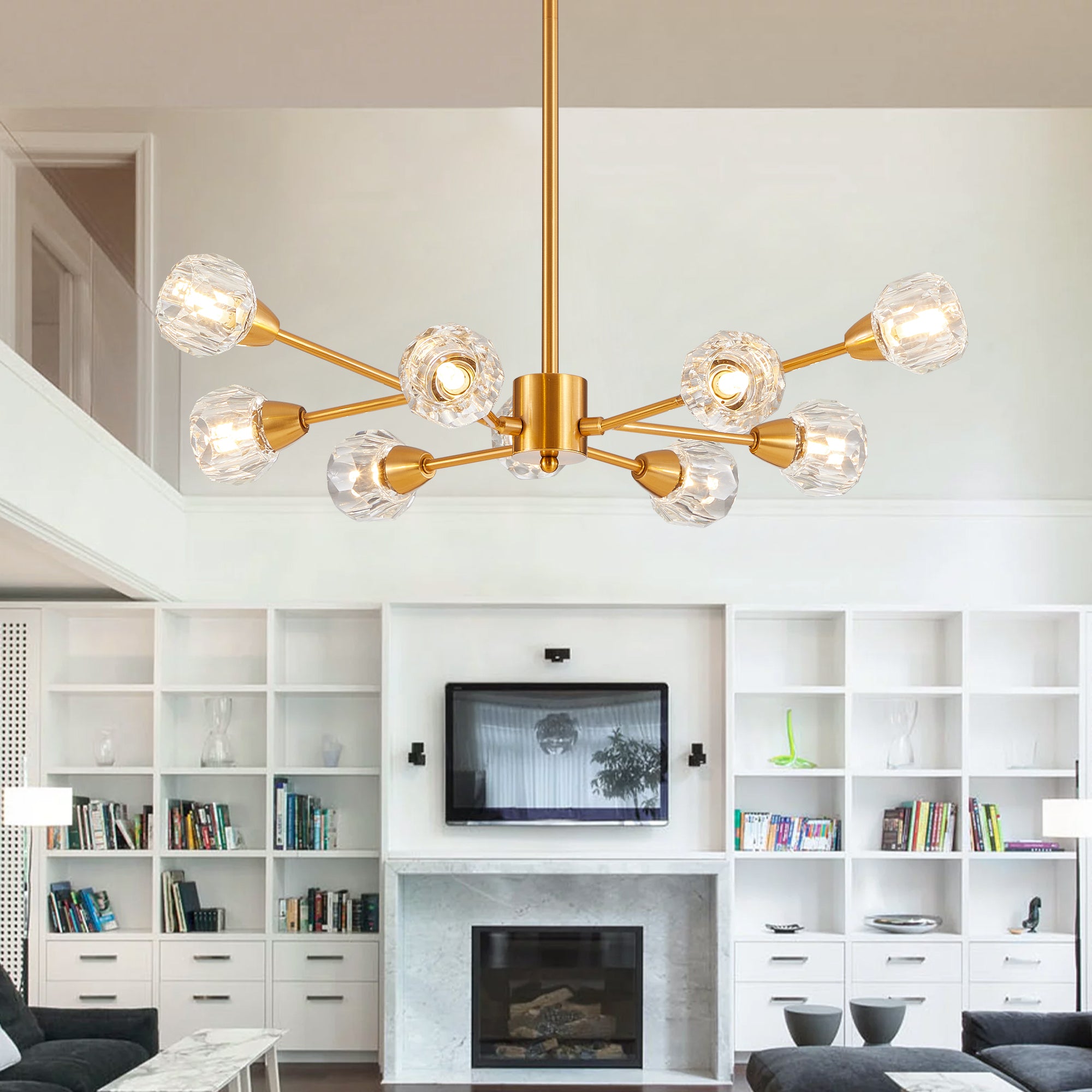 Modern Crystal Chandeliers, 9 Lights Golden Chandelier for Living Room Bedroom (Bulbs Not Included)