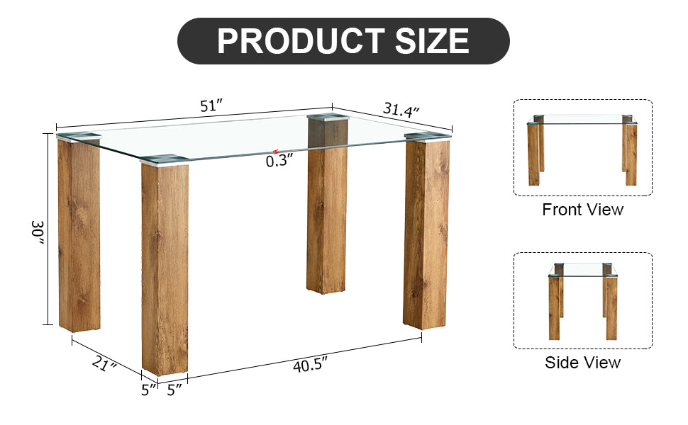 Modern minimalist rectangular dining table Glass desktop and wooden MDF table legs