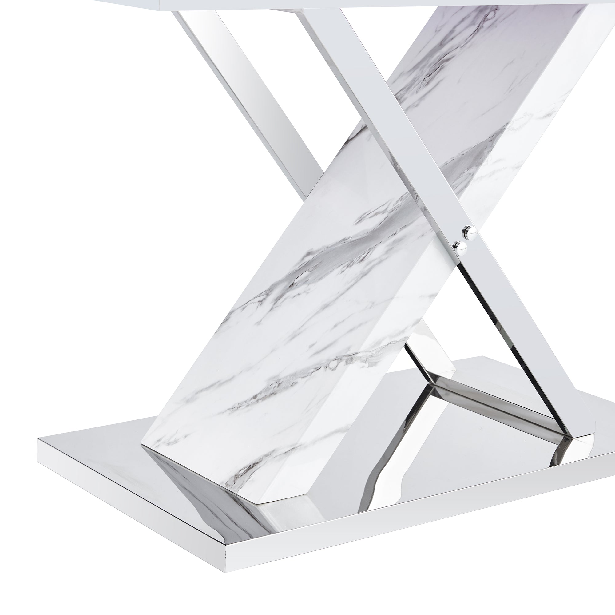 Modern white rectangular marble textured glass dining table and office desk Equipped with stainless steel base