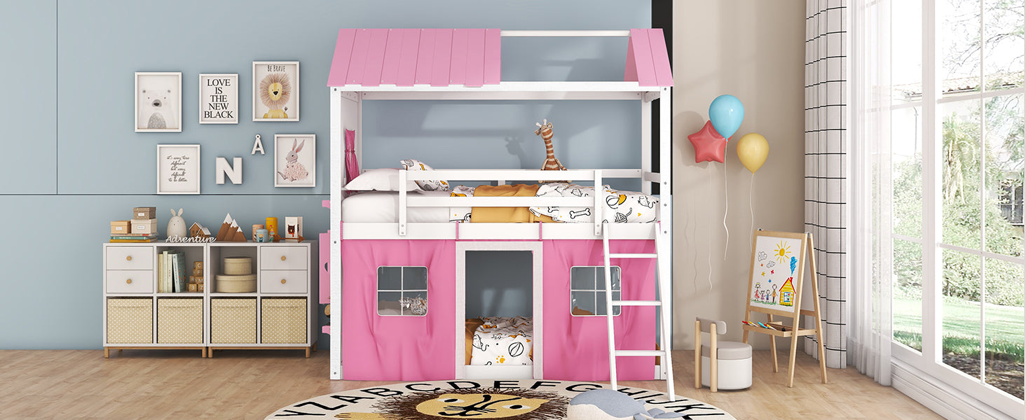 Twin Size Bunk Wood House Bed with Elegant Windows, Sills and Tent, Pink+White